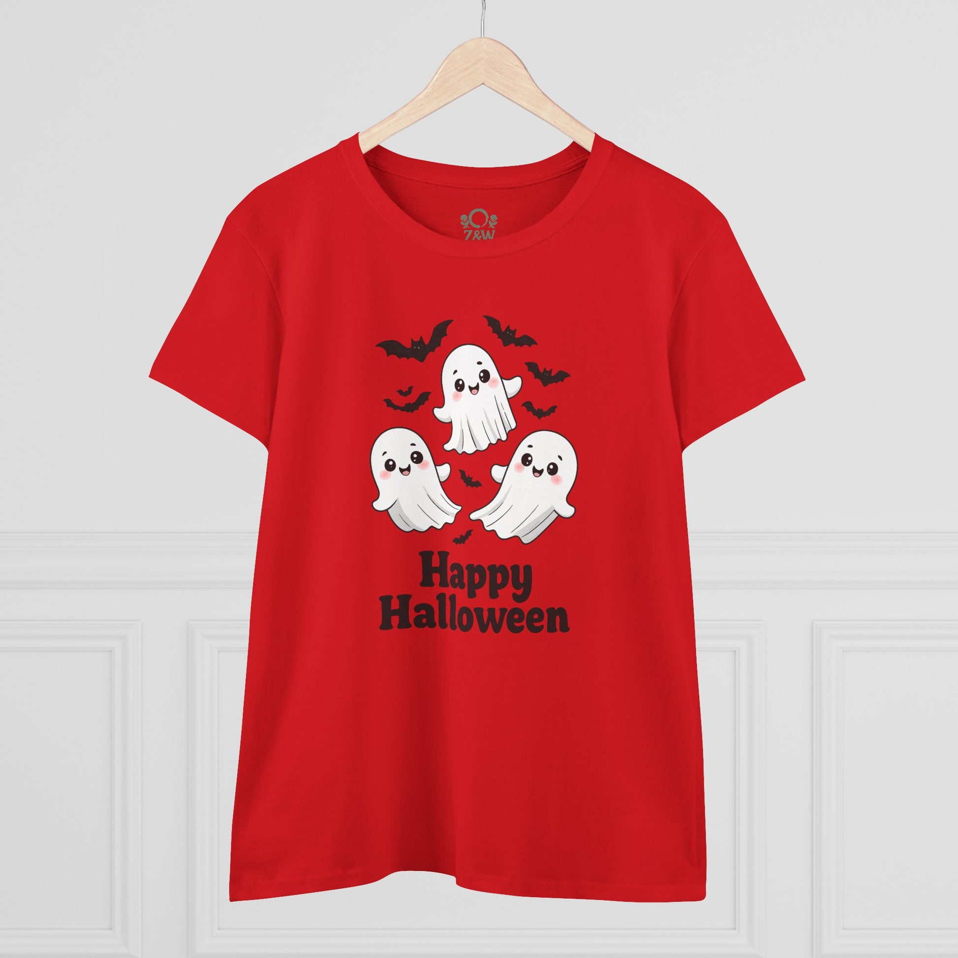 Vibrant red Cute Halloween Ghost T-Shirt for Kids & Adults with a playful ghost design, perfect for Halloween celebrations and casual wear.