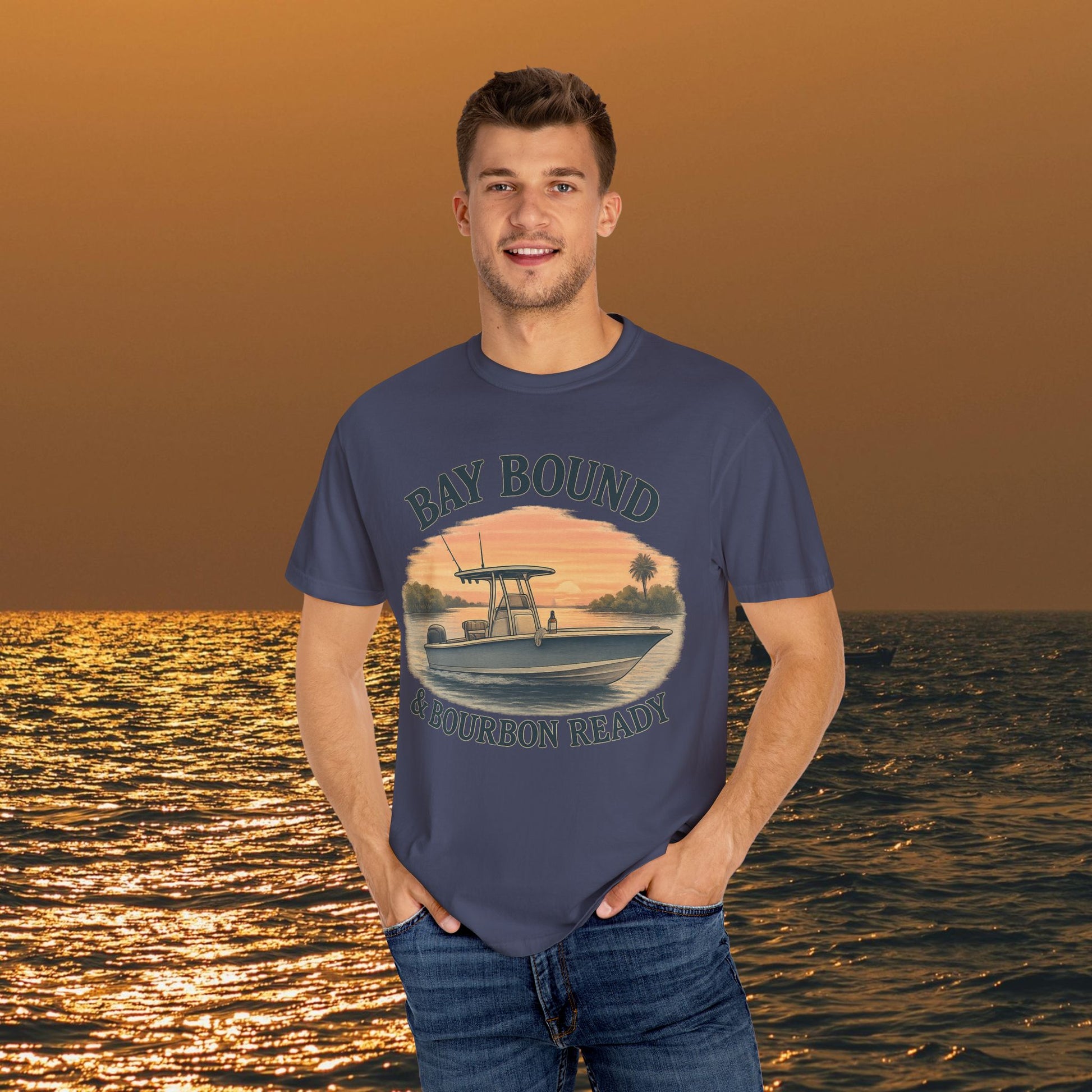 Man wearing the Bay Bound T-Shirt For Summer, showcasing a vibrant boating design, perfect for fishing and beach lovers.