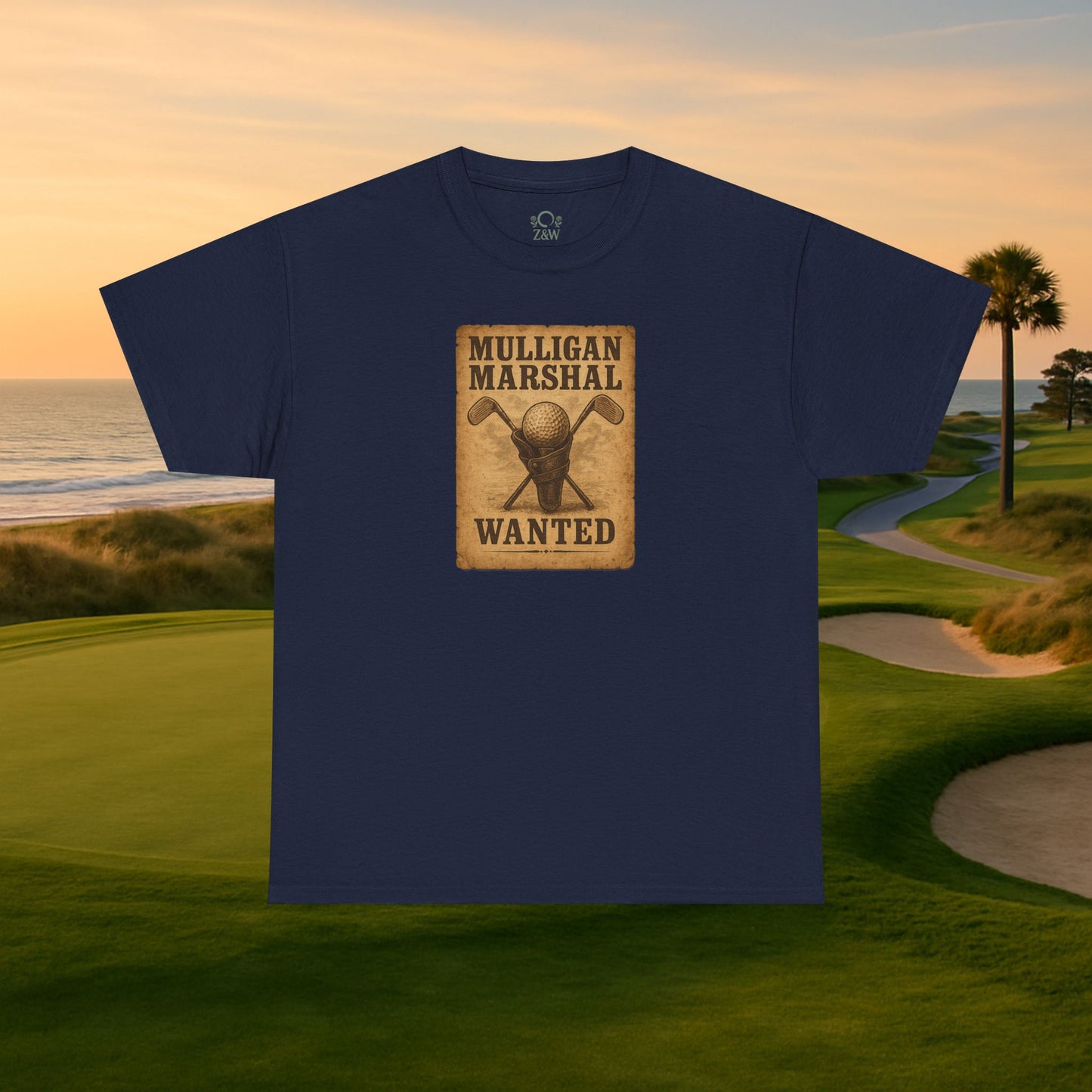 Funny Mulligan Marshal Wanted Golf Tee Shirt in navy blue, designed for golf enthusiasts seeking stylish and casual summer attire.