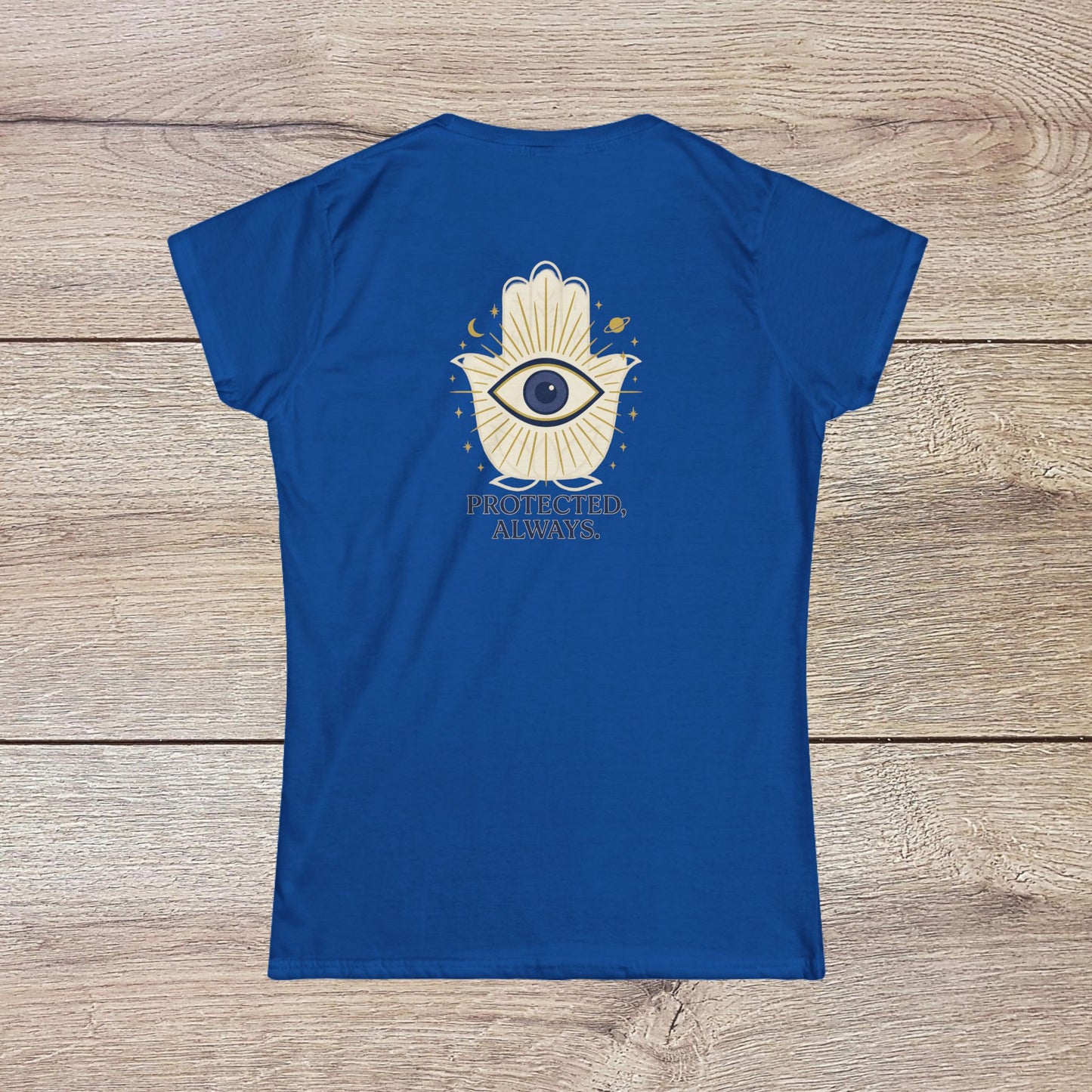 Ladies' V-Neck T-Shirt - Comfortable 100% Cotton Tee in blue, featuring an inspiring graphic on the back with an eye and hand design, promoting messages of protection and positivity.