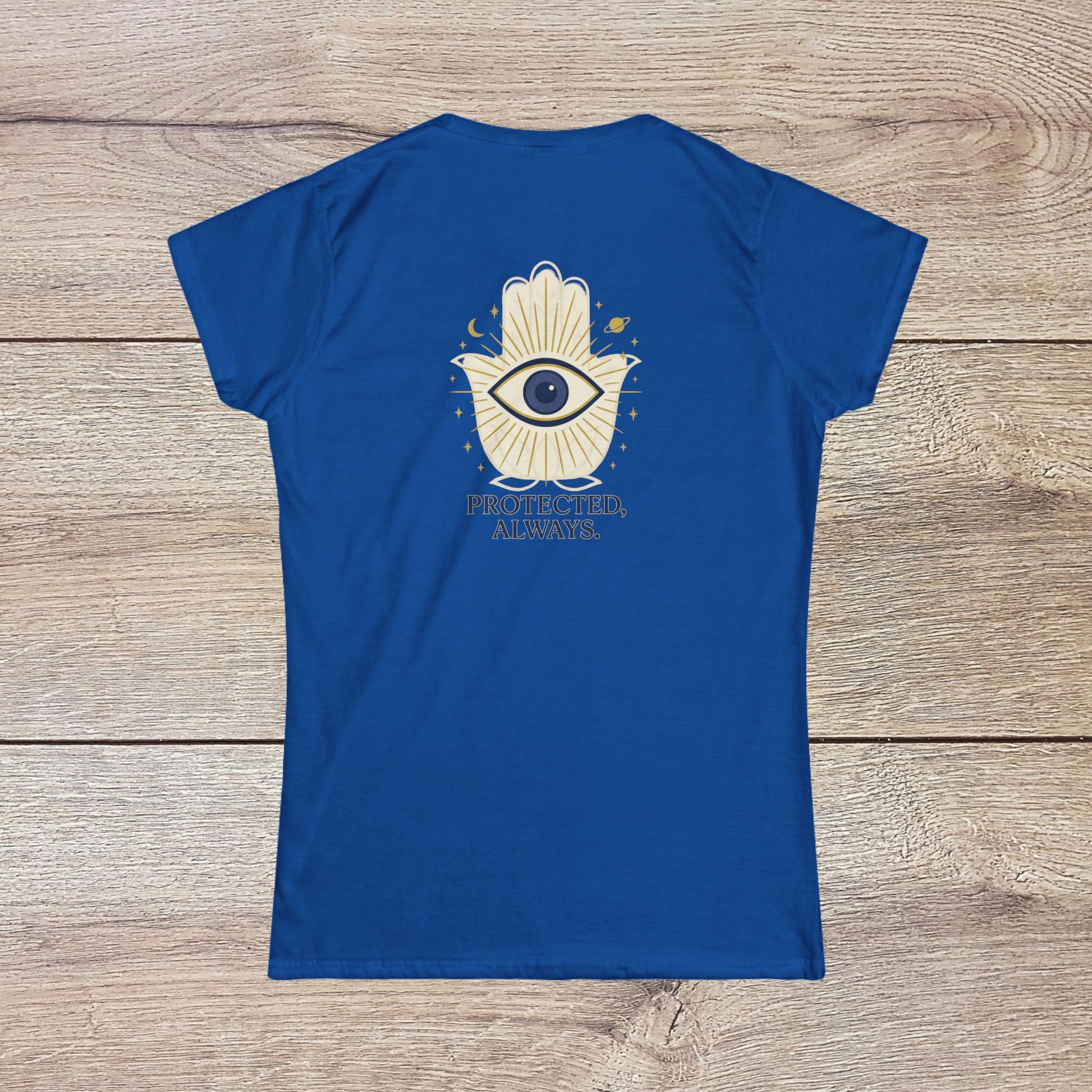 Ladies' V-Neck T-Shirt - Comfortable 100% Cotton Tee in blue, featuring an inspiring graphic on the back with an eye and hand design, promoting messages of protection and positivity.