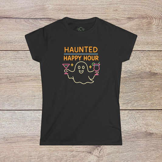 Haunted Happy Hour T-Shirt in black color, featuring a playful ghost graphic with cocktails, perfect for Halloween parties and eco-friendly cotton fashion.