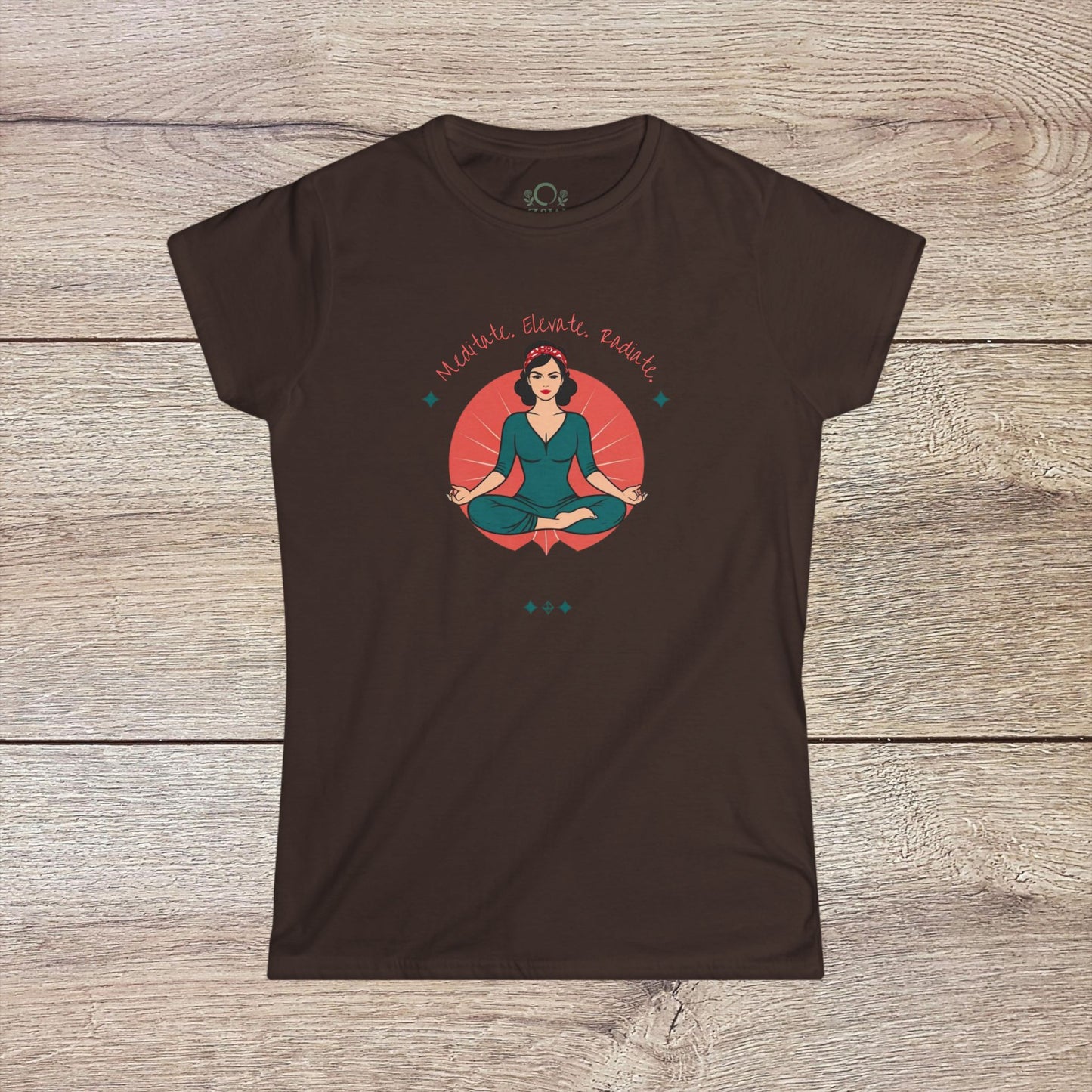 Women's Festival Crop Top | Mindful Vibes Yoga Wear in a rich brown tee highlighting a meditating woman, a stylish choice for summer festivals and yoga sessions.