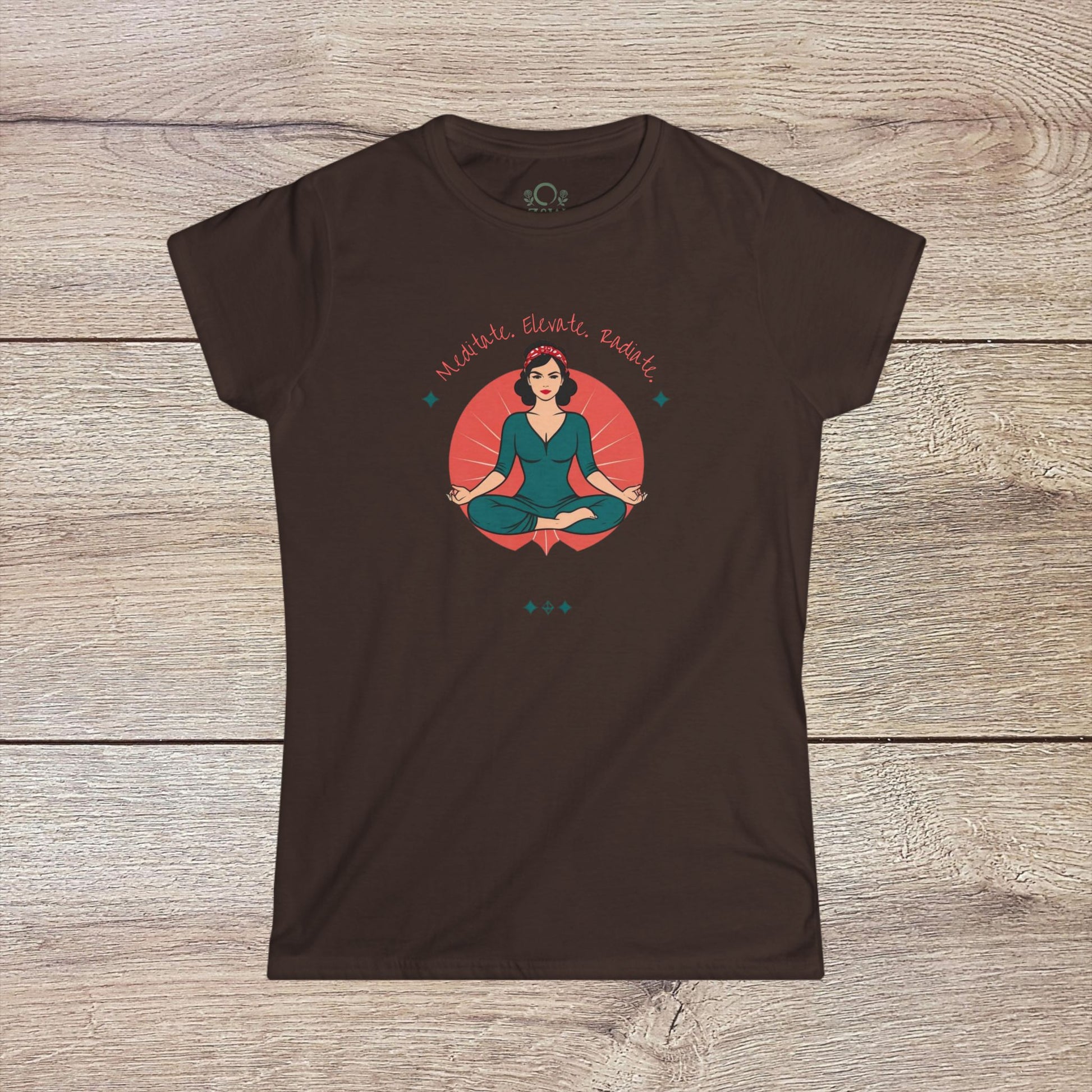 Women's Festival Crop Top | Mindful Vibes Yoga Wear in a rich brown tee highlighting a meditating woman, a stylish choice for summer festivals and yoga sessions.