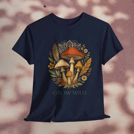 Wild Mushroom Graphic Tee in navy blue, featuring vibrant mushrooms and floral accents. An eco-friendly unisex cotton shirt designed for nature lovers and adventure apparel.