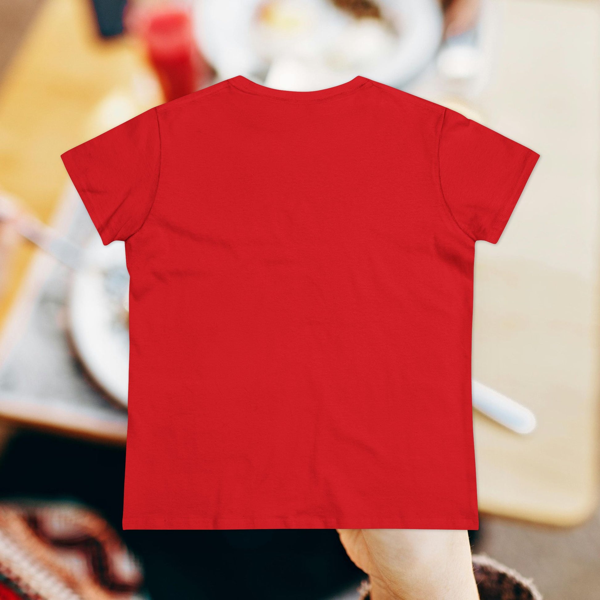 Back view of the women's premium brunch face tee in a striking red color, emphasizing comfort and style for casual brunch outings.