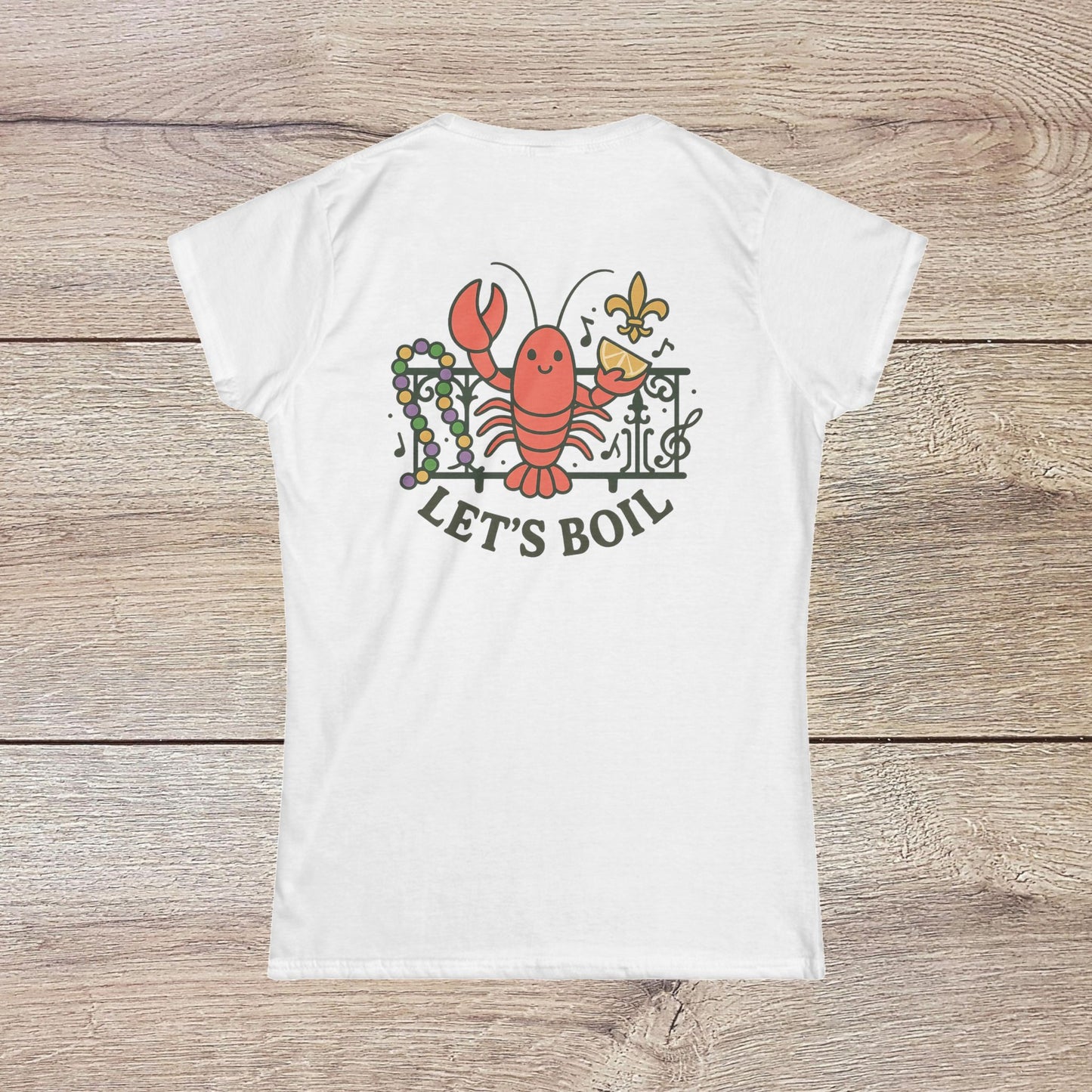 Back view of a white Crawfish Boil Shirt for Women featuring a vibrant 'Let's Boil' design with a cheerful lobster, perfect for summer celebrations.