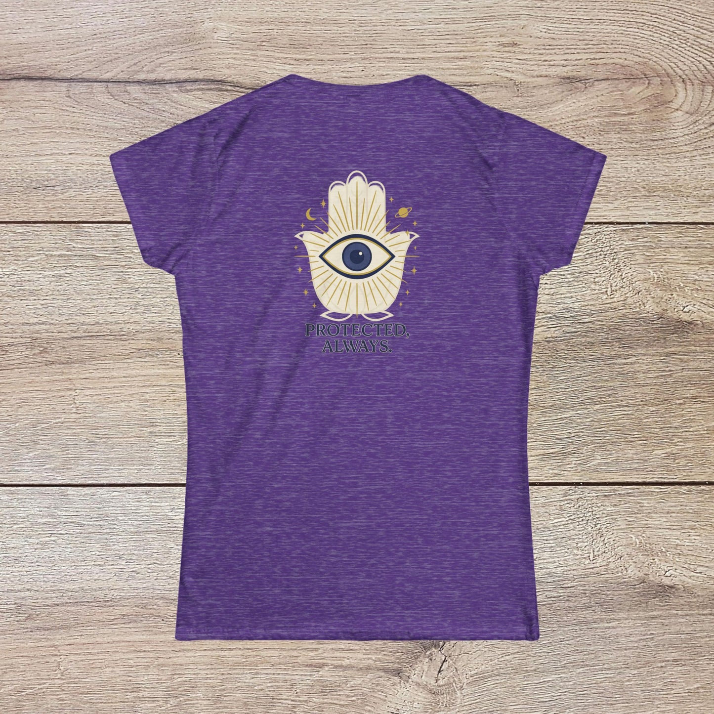 Ladies' V-Neck T-Shirt - Comfortable 100% Cotton Tee with Positive Graphic Design showcasing a purple back with an eye and hand graphic, conveying protection.