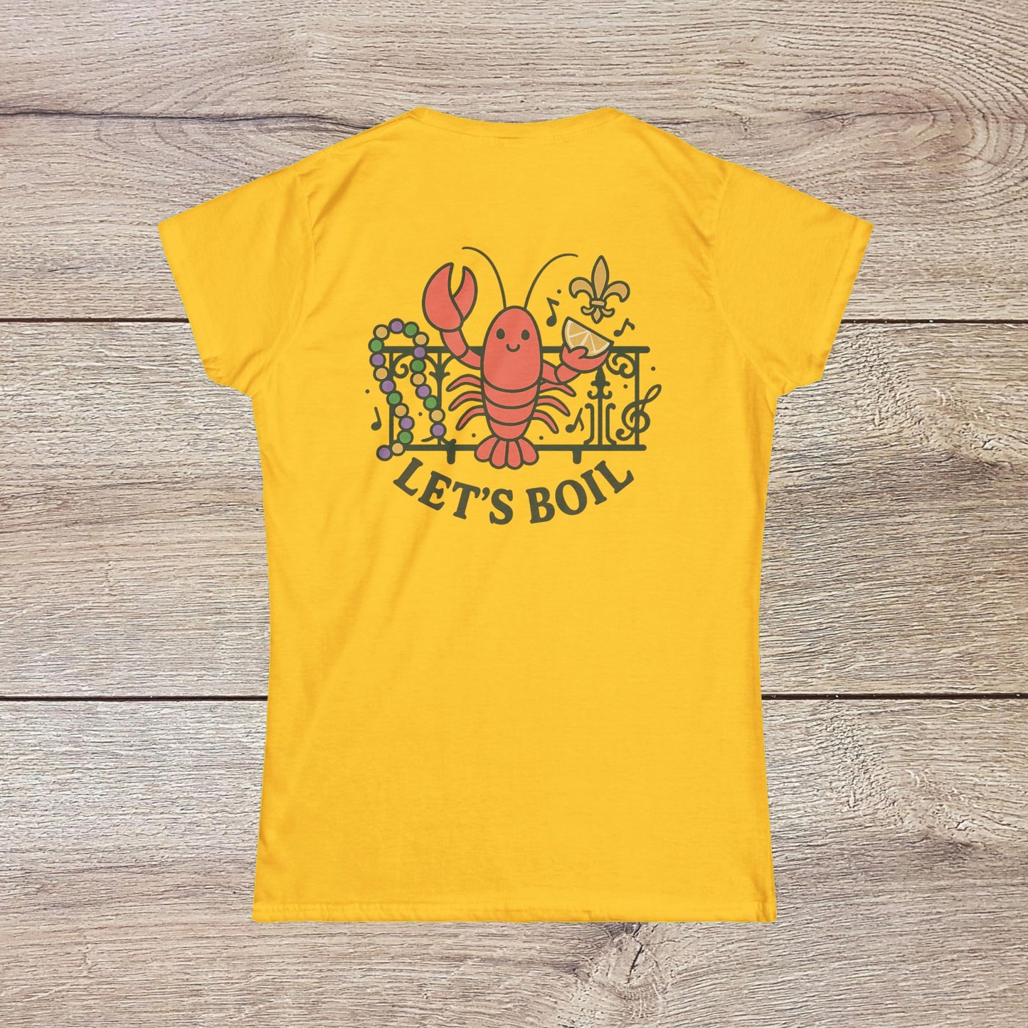 Crawfish Boil Shirt for Women - Back view of a yellow tee featuring a colorful crawfish design with the text 'LET'S BOIL', ideal for seafood lovers during summer outings.