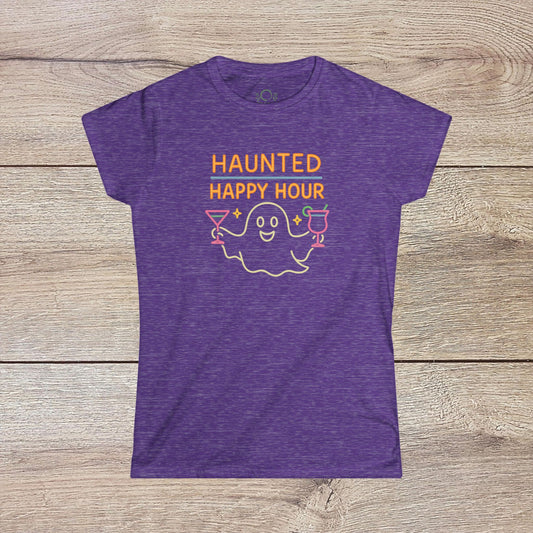 Haunted Happy Hour T-Shirt featuring a playful ghost graphic with cocktails, made from eco-friendly cotton. Perfect for Halloween parties and casual outings.