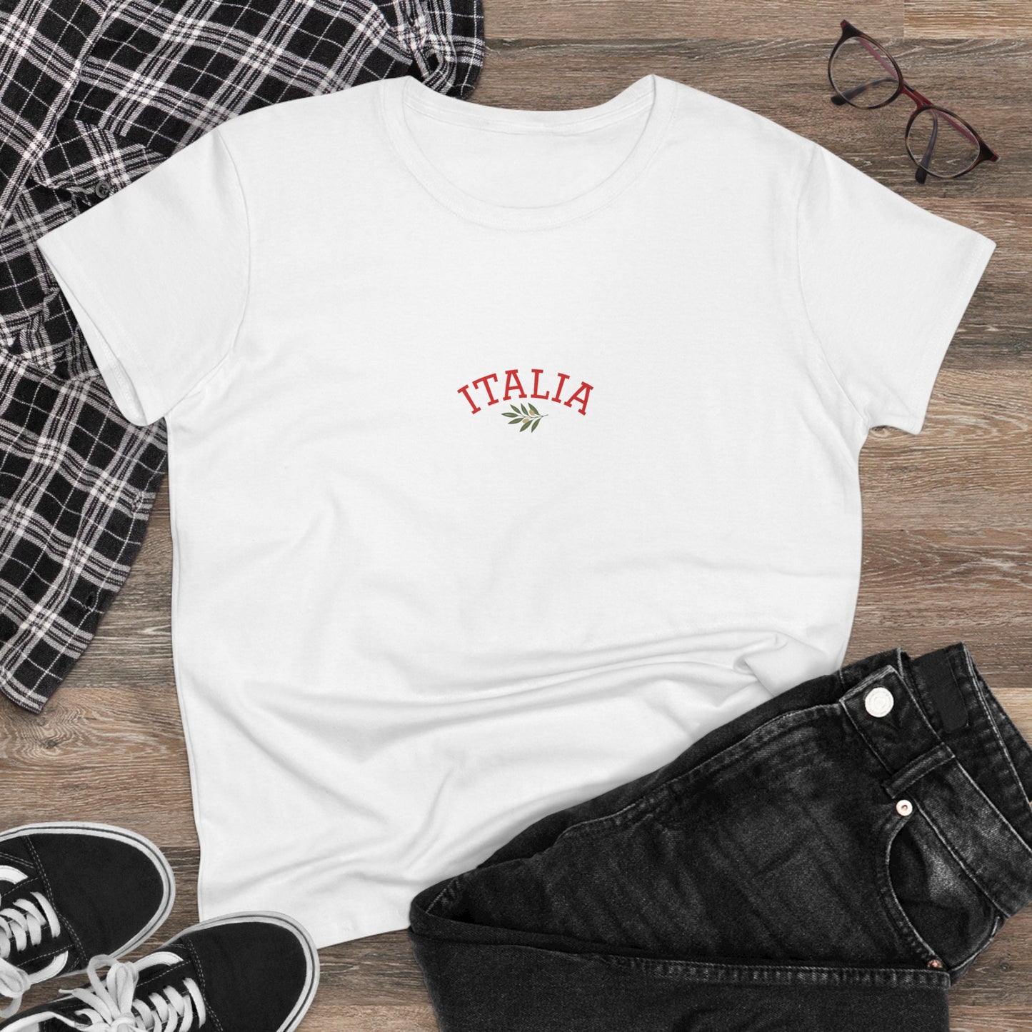 Unisex Ultra Cotton Tee with Italian Heritage Design featuring 'ITALIA' text, styled casually with black jeans and sneakers - Perfect for Casual Adventures.