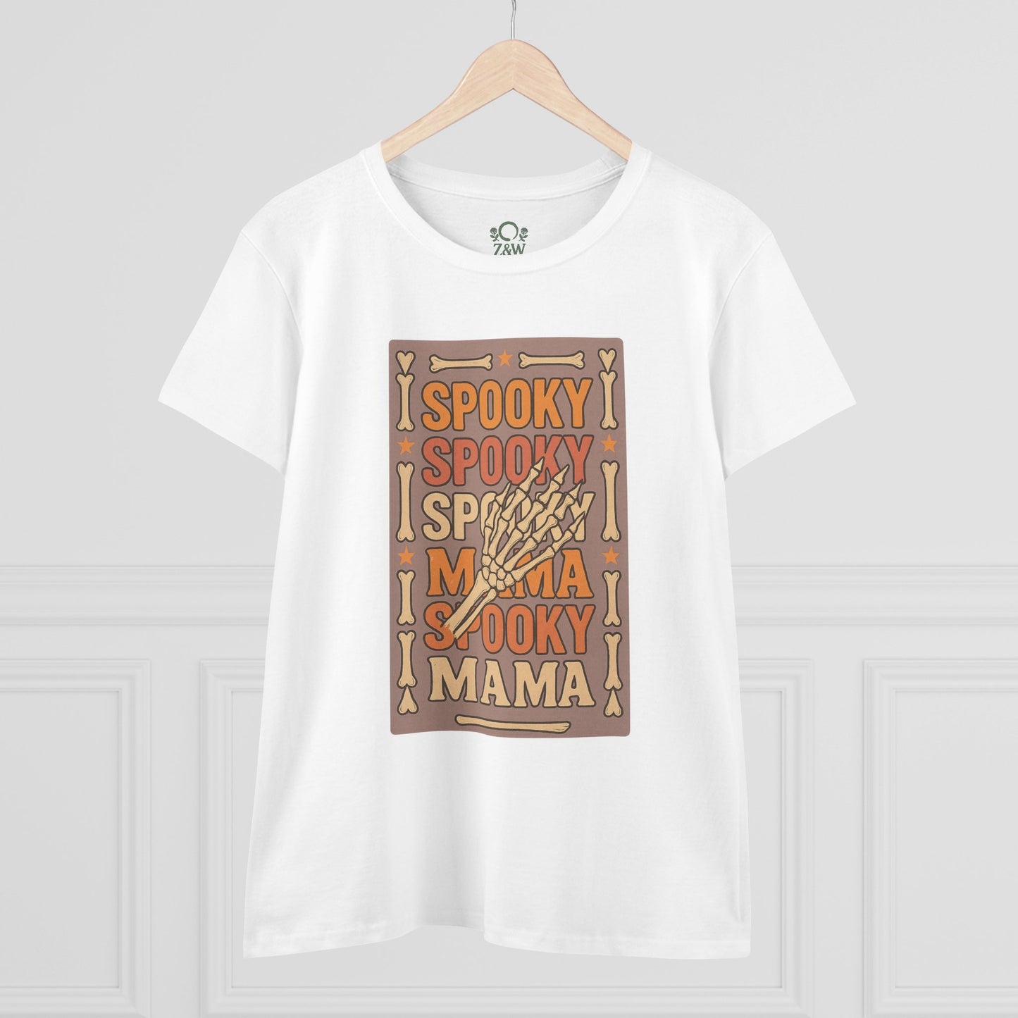 Spooky Mama Tee in white, displaying a vibrant front graphic design that emphasizes its fun Halloween theme.