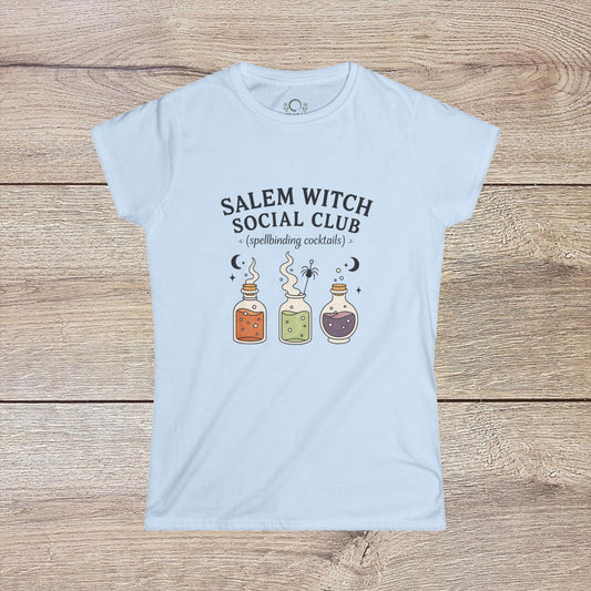Salem Witch Social Club Graphic Tee featuring colorful potion bottles and spellbinding cocktails design on light background, made of 100% ring-spun cotton, perfect for witchy fashion lovers.