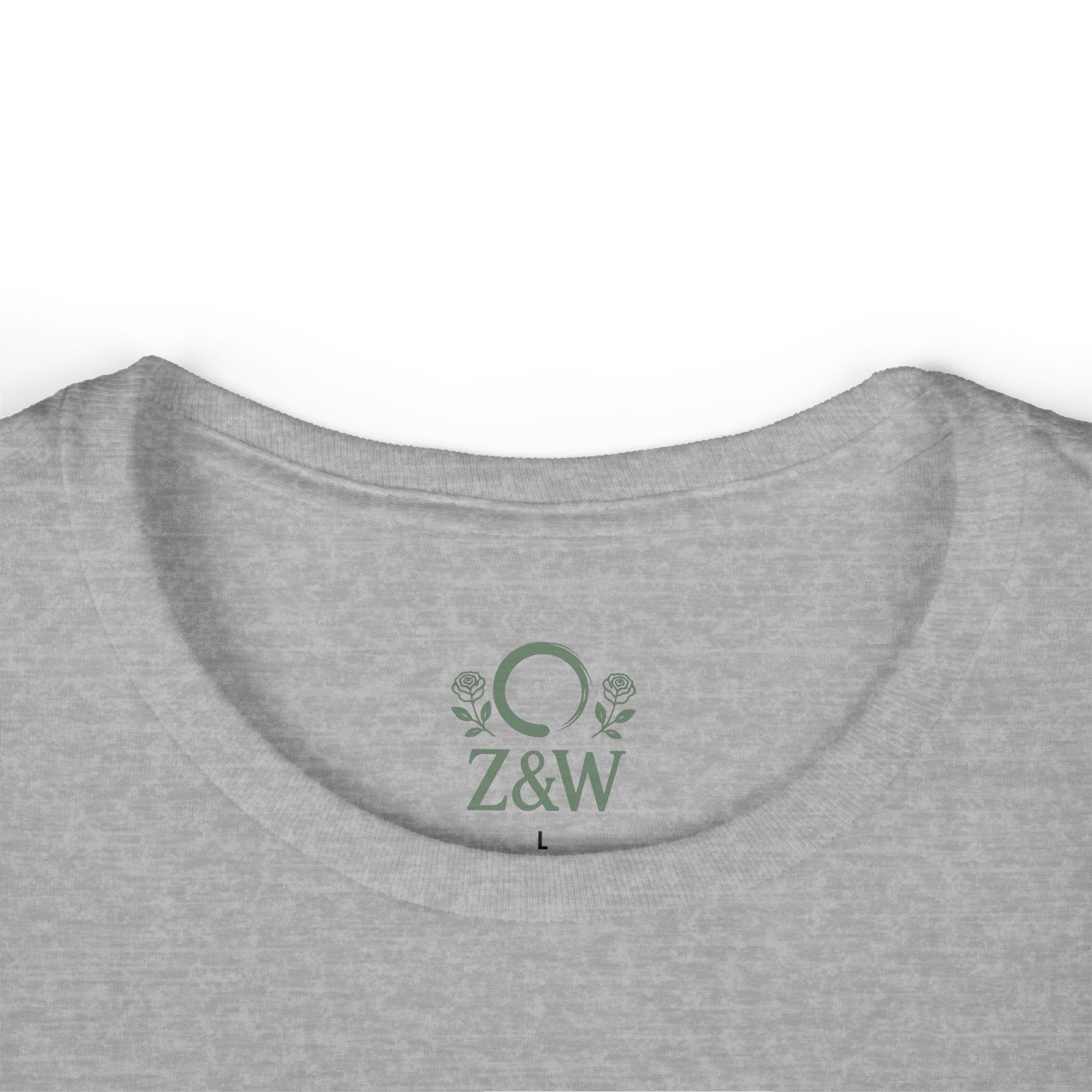 Close-up of the neckline of the Cozy Plant Guitar Sweatshirt with Kangaroo Pocket and Adjustable Hood - Ethically Made, featuring custom green embroidery details on a gray fabric.
