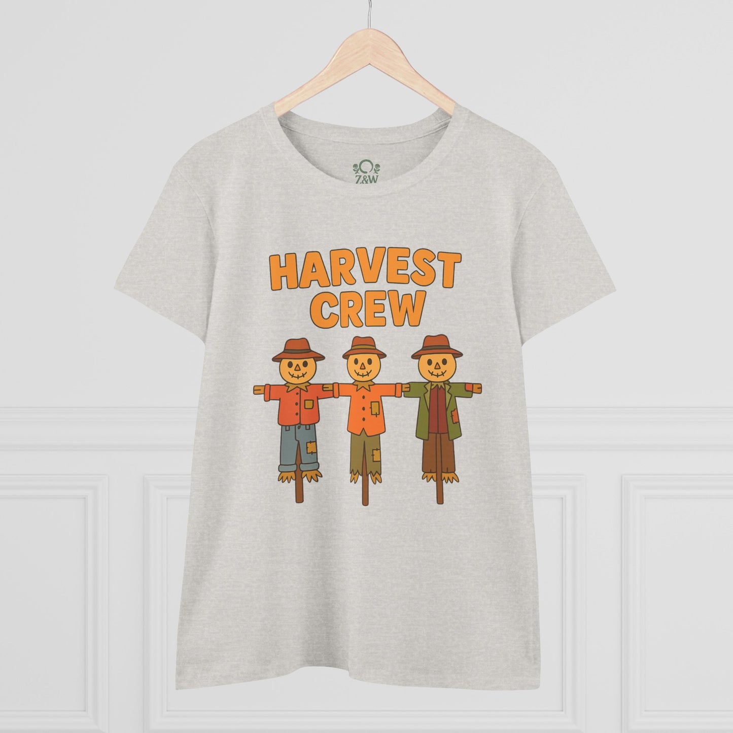 Front view of the Harvest Crew Halloween T-Shirt featuring playful scarecrow graphics designed for a festive look, showcasing soft 100% ring-spun cotton.