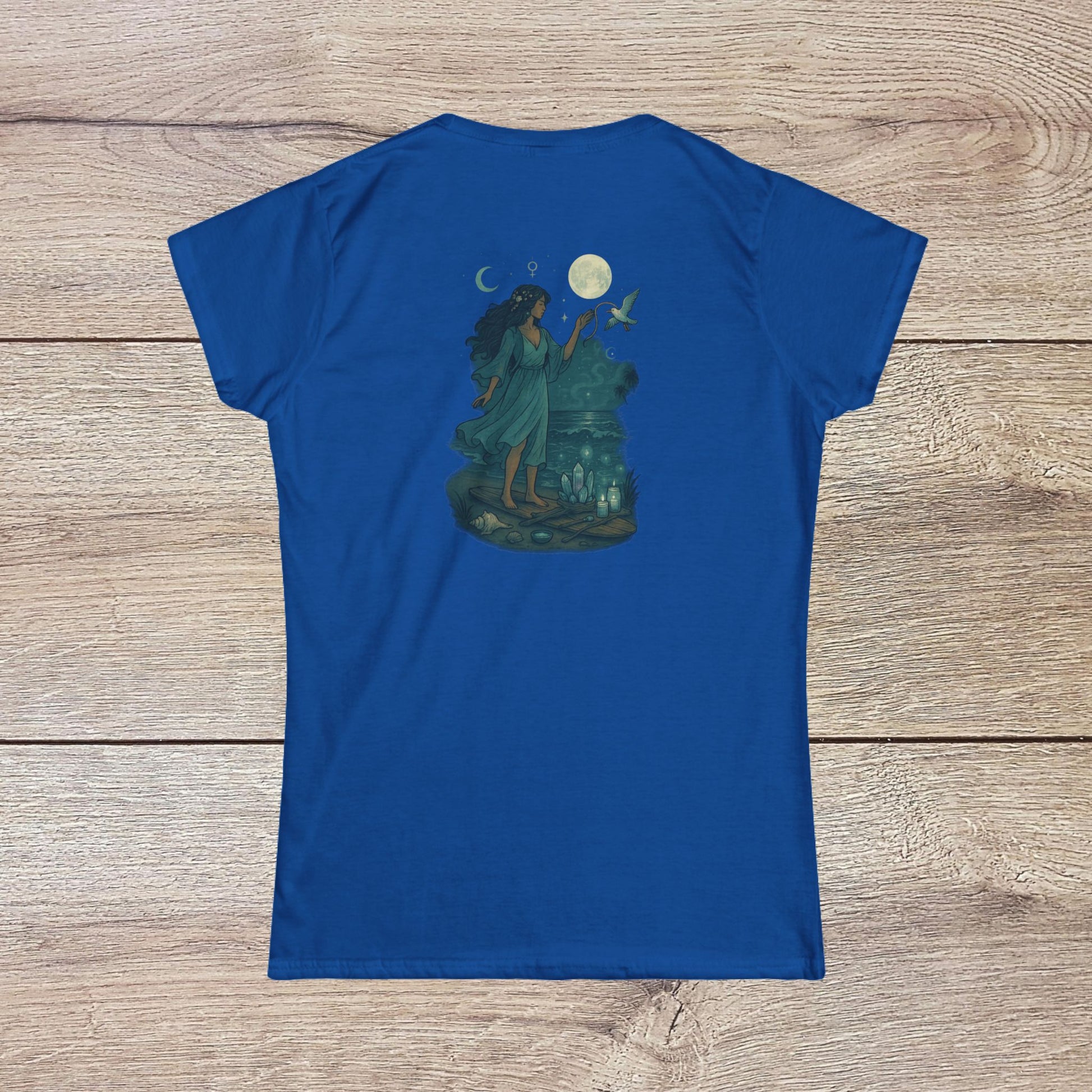 Moon Child T-Shirt - Soft Slim-Fit Tee for Dreamers in vibrant blue, displaying a whimsical moonlit design that captures the essence of a carefree spirit.