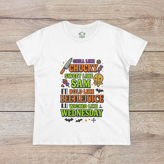Spooktacular Horror Tee: Chill Like Chucky, Sweet Like Sam, Beetlejuice, Wednesday Addams, Halloween Shirt, Horror Fan Gift