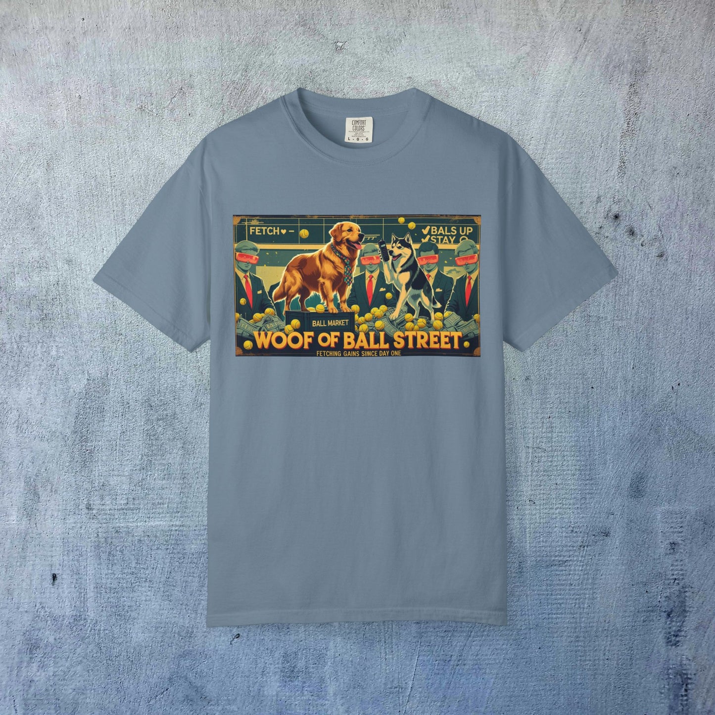 Sleek Woof of Ball Street T-Shirt in light blue, featuring a whimsical dog design, made from 100% cotton for exceptional comfort and a sleek look.