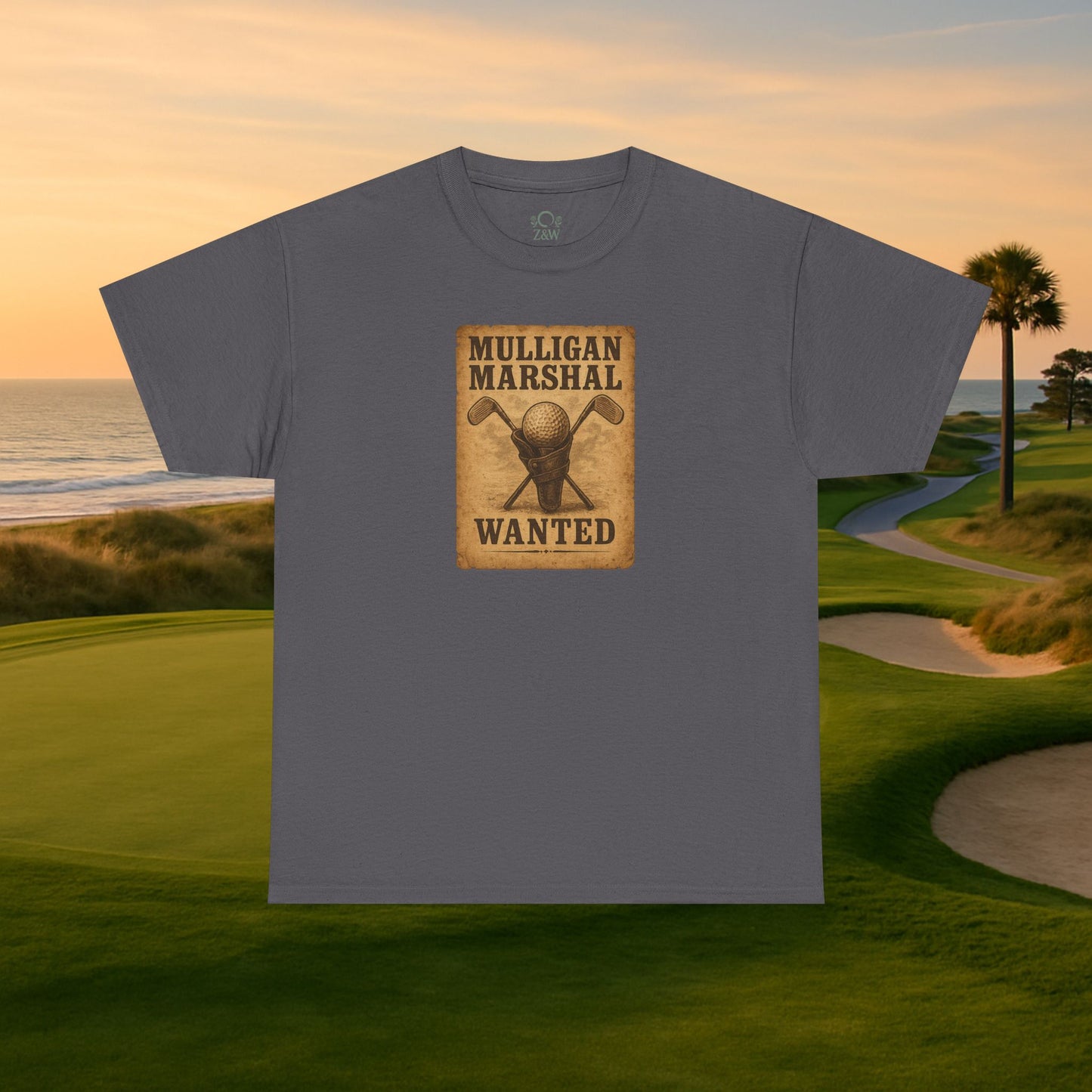 Funny Mulligan Marshal Wanted Golf Tee Shirt in gray, perfect casual summer wear for golf lovers. Ideal for on and off the golf course.