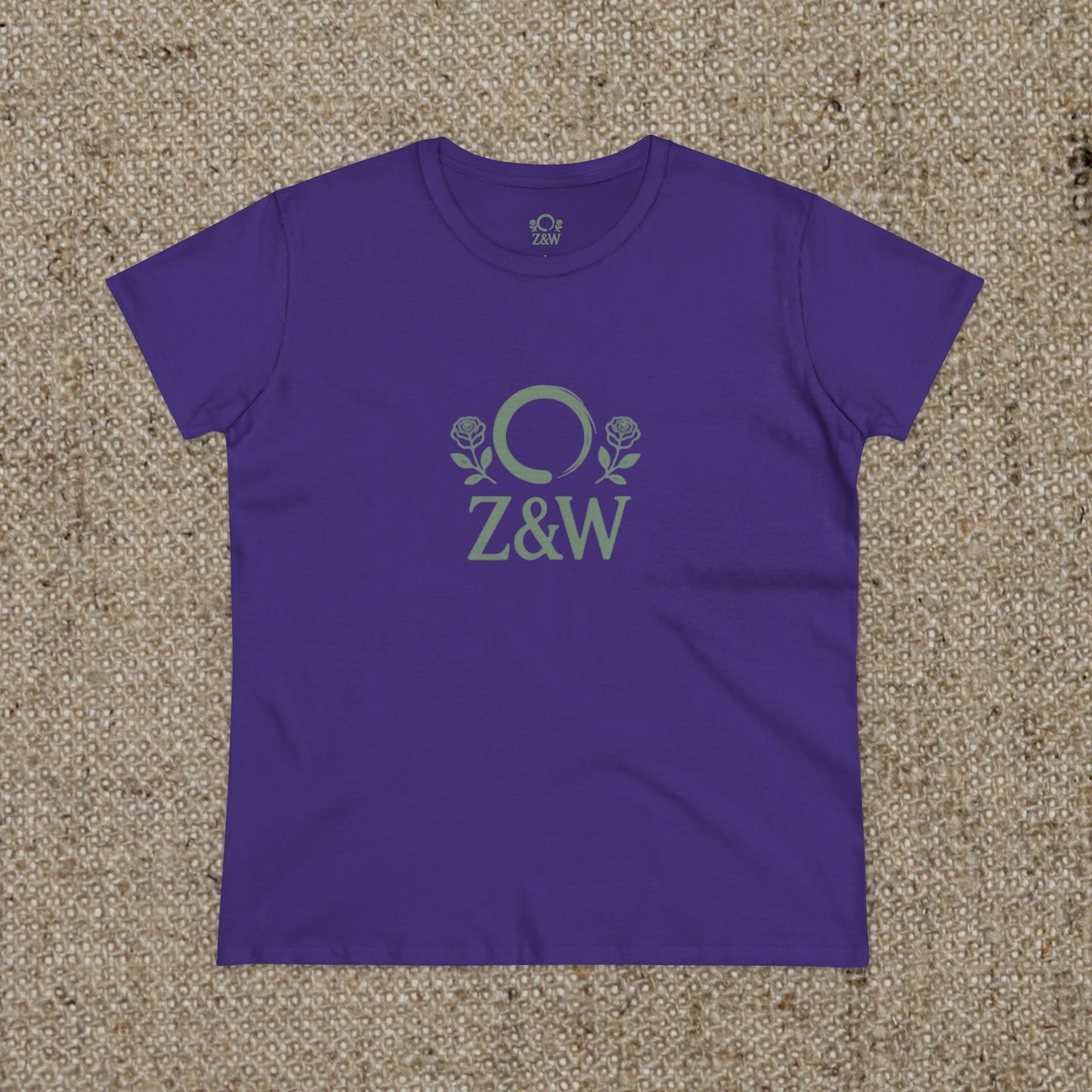 ZenAndWhiskey Classic 100% Cotton Tee in purple, highlighting a trendy Z&W logo adorned with roses, perfect for casual outings.