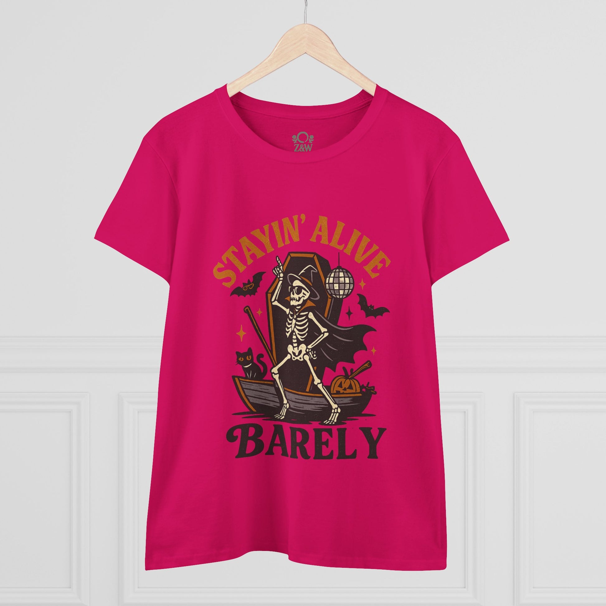 Stayin’ Alive T-Shirt, Funny Halloween Unisex Tee featuring a playful skeleton design, perfect for casual outings or Halloween parties.