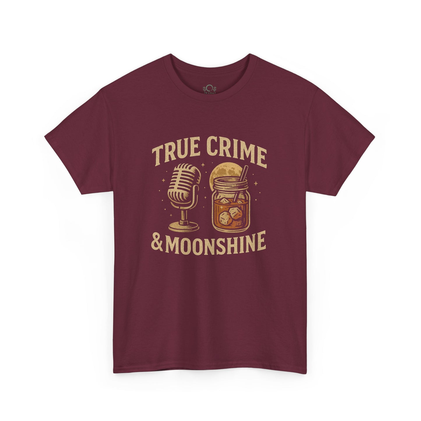 Front view of the True Crime & Moonshine Unisex Graphic Tee - Vintage Casual Wear for True Crime Lovers, showcasing the vintage-inspired design with a microphone and moonshine jar on a maroon background.