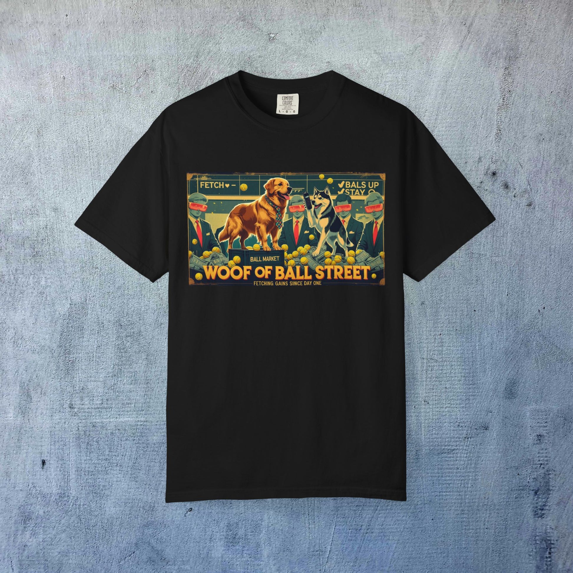 Sleek Woof of Ball Street T-Shirt in black, showcasing a playful dog illustration and the text 'Woof of Ball Street' for a trendy casual look.
