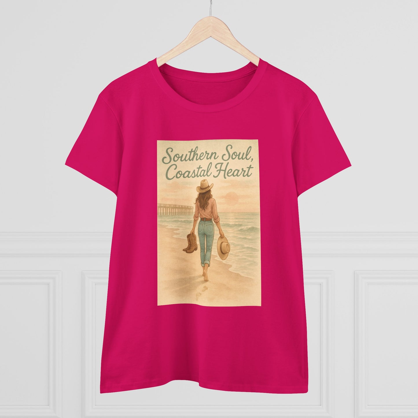 Front view of the bright pink Southern Soul Coated Heart Tee with a charming graphic that reads 'Southern Soul, Coastal Heart,' ideal for fashion-forward individuals.