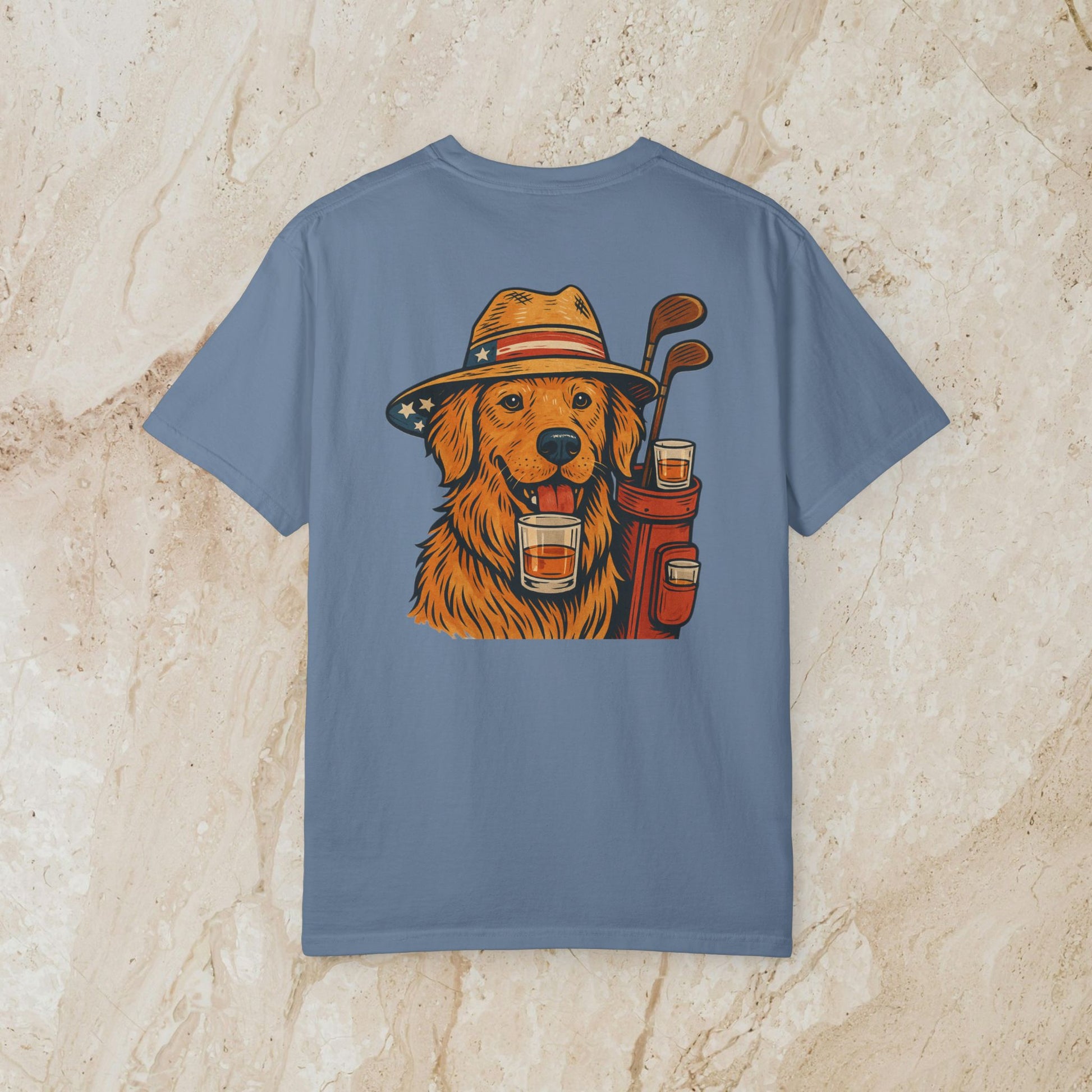 Golden Whiskey Dog Tee - Unique Vintage Style, 100% Cotton, Relaxed Fit with Left Chest Pocket in light blue, featuring a golden retriever graphic with whiskey.