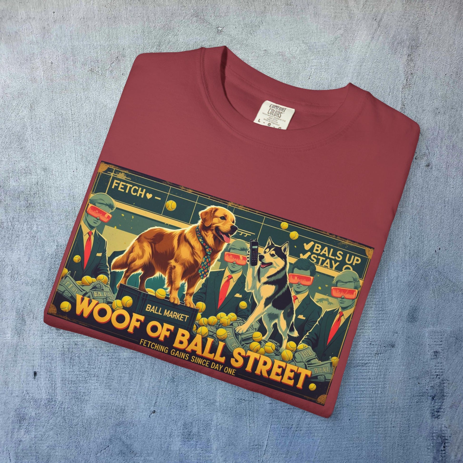 Close-up of the Sleek Woof of Ball Street T-Shirt featuring a colorful graphic design with playful dogs, perfect for pet lovers and casual wear.