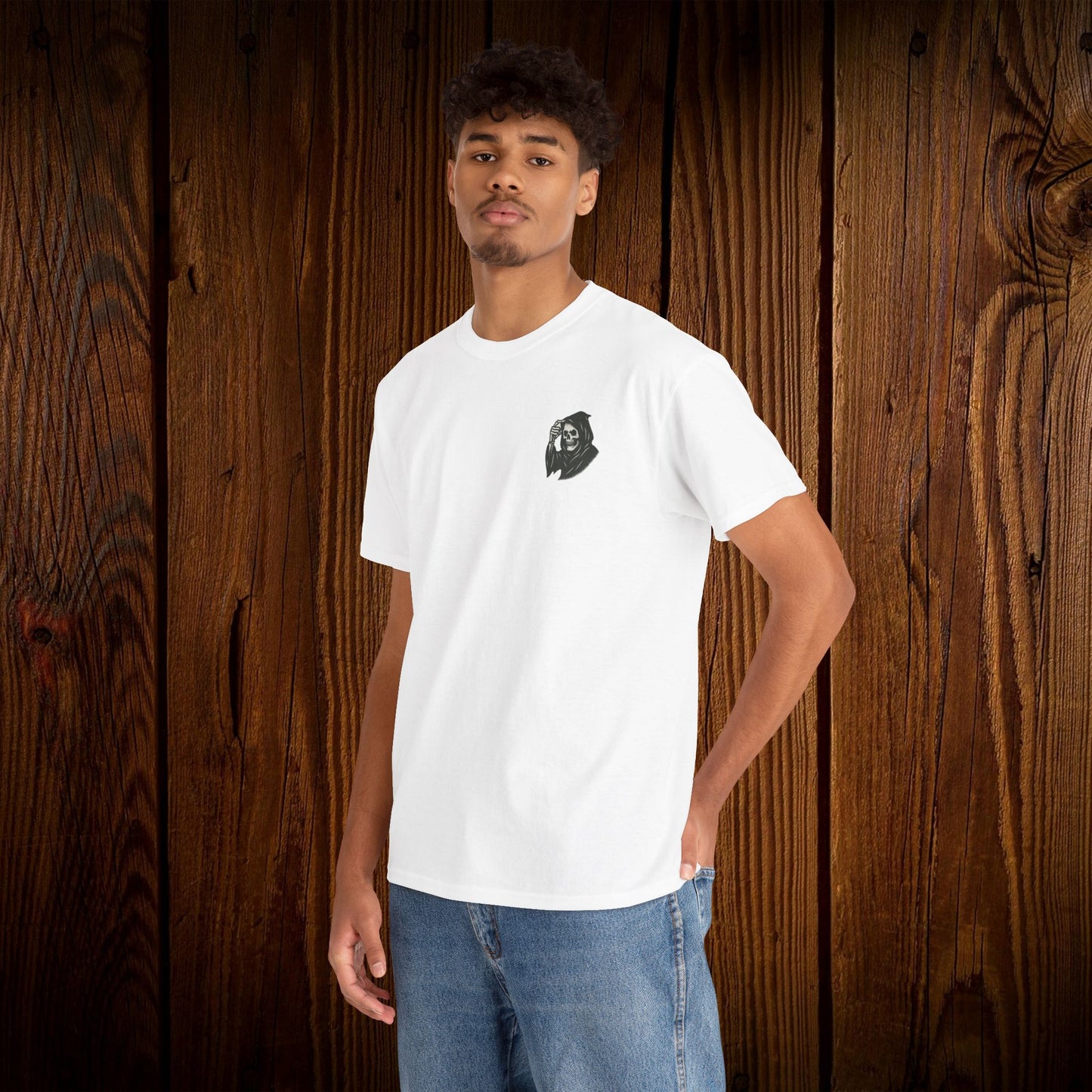 Spooky Halloween Graphic Tee - Unisex Cotton Shirt in white displaying a ghost graphic on the front, perfect for Halloween vibes.