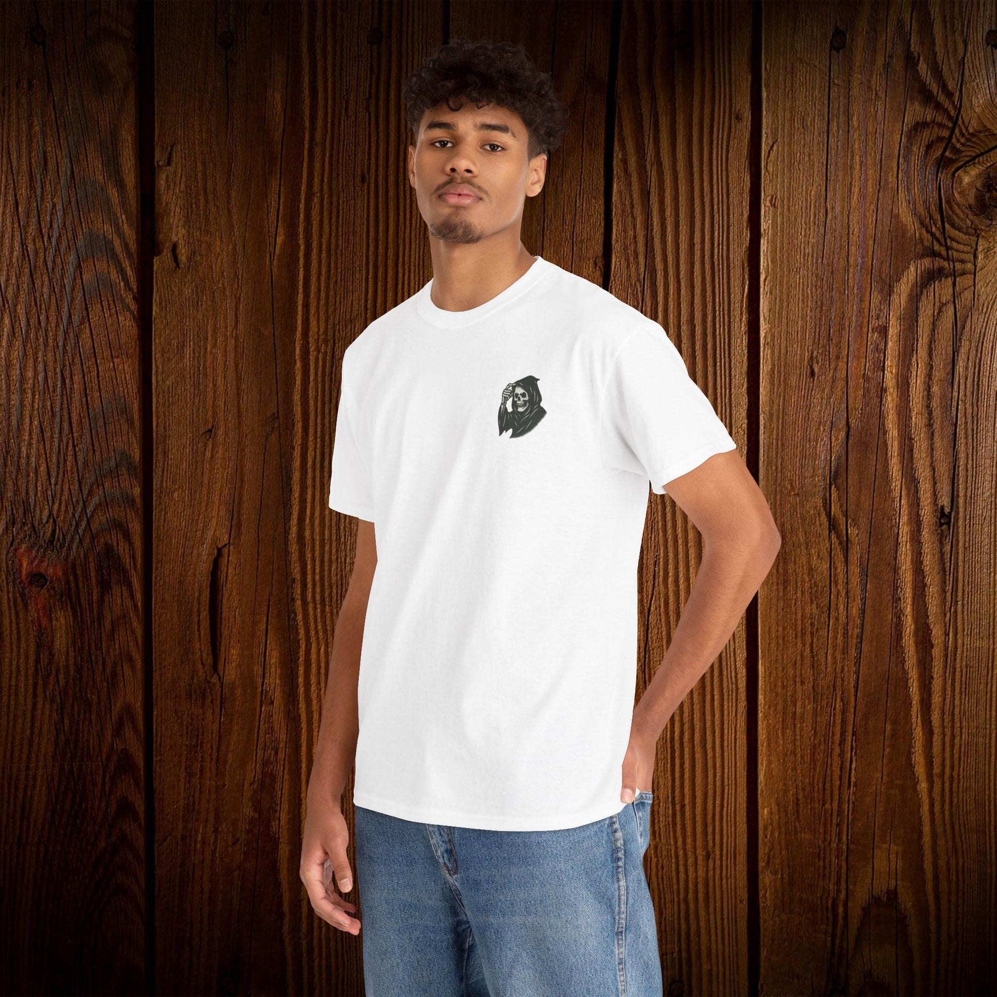 Spooky Halloween Graphic Tee - Unisex Cotton Shirt in white displaying a ghost graphic on the front, perfect for Halloween vibes.