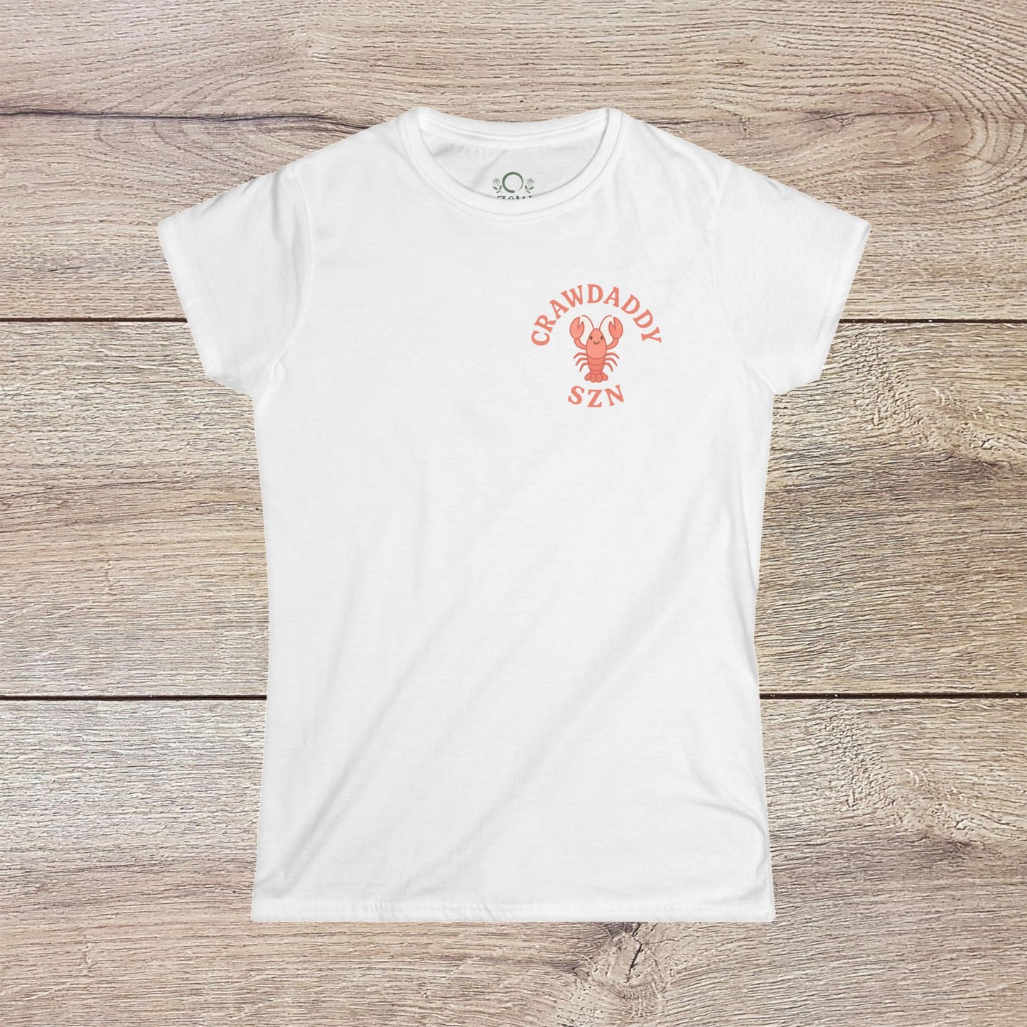Crawfish Boil Shirt for Women with 'CRAWDADDY SZN' text and a lobster graphic on a classic white tee, ideal for seafood lovers and casual outings.
