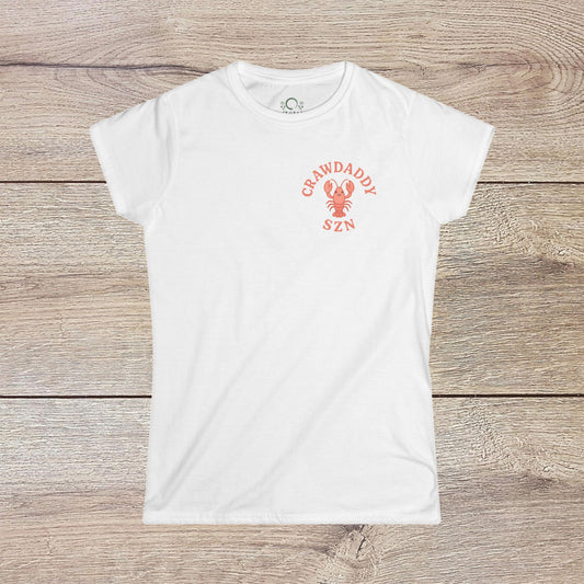 Crawfish Boil Shirt for Women with 'CRAWDADDY SZN' text and a lobster graphic on a classic white tee, ideal for seafood lovers and casual outings.