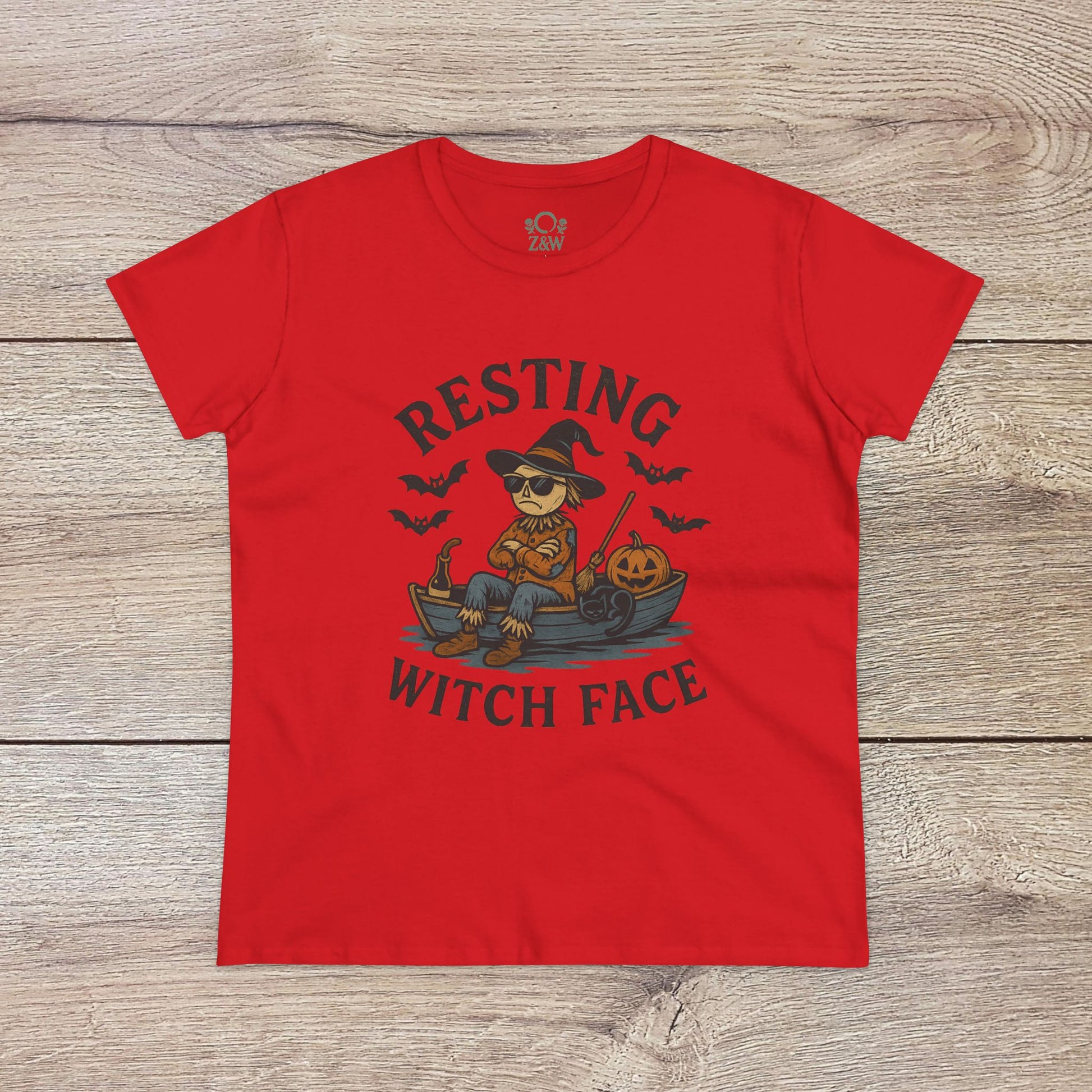Resting Witch Face Halloween T-Shirt for Women in bold red, displaying a whimsical witch graphic, great for Halloween celebrations and casual wear.