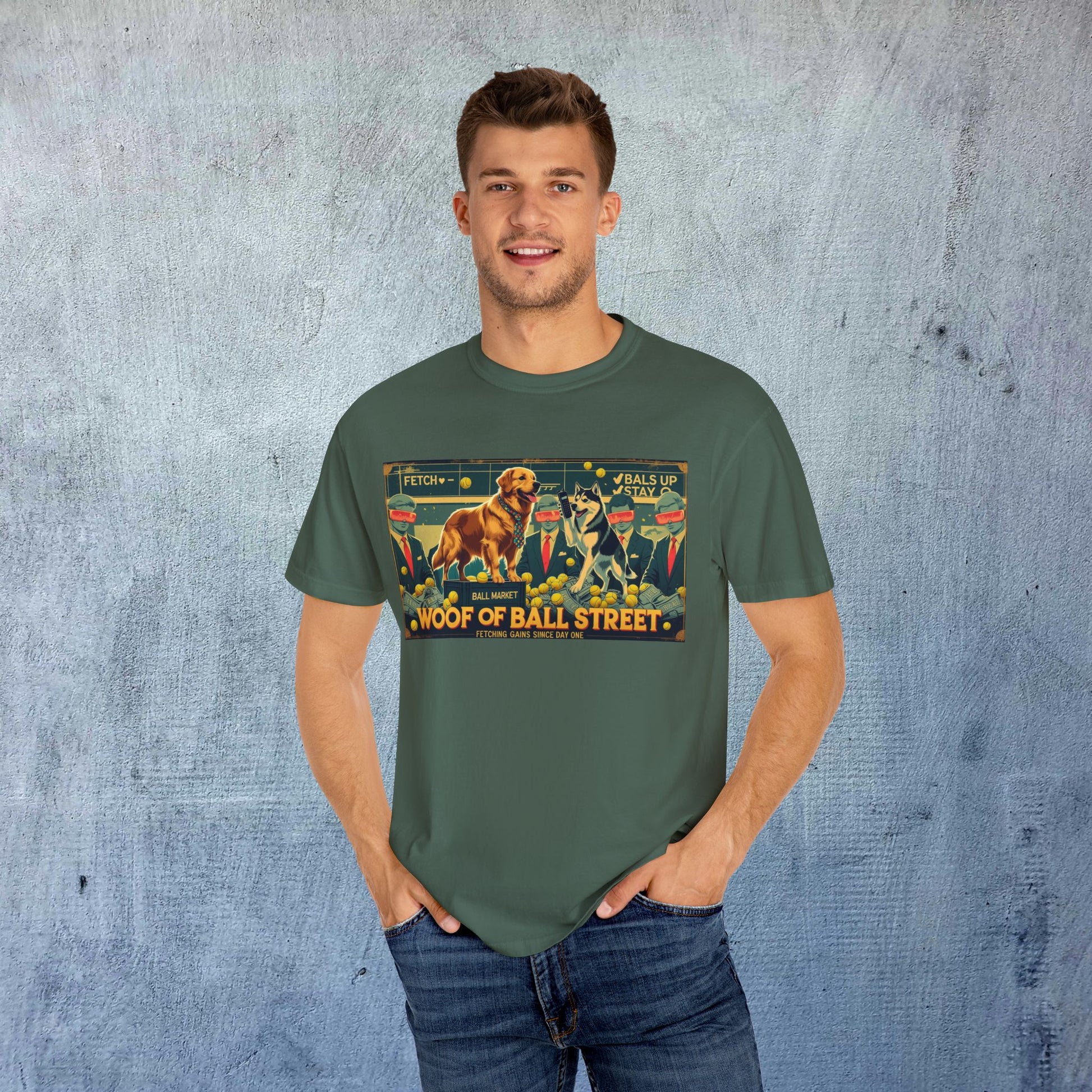 Man modeling Sleek Woof of Ball Street T-Shirt, featuring a lively illustration of dogs, perfect for everyday wear.