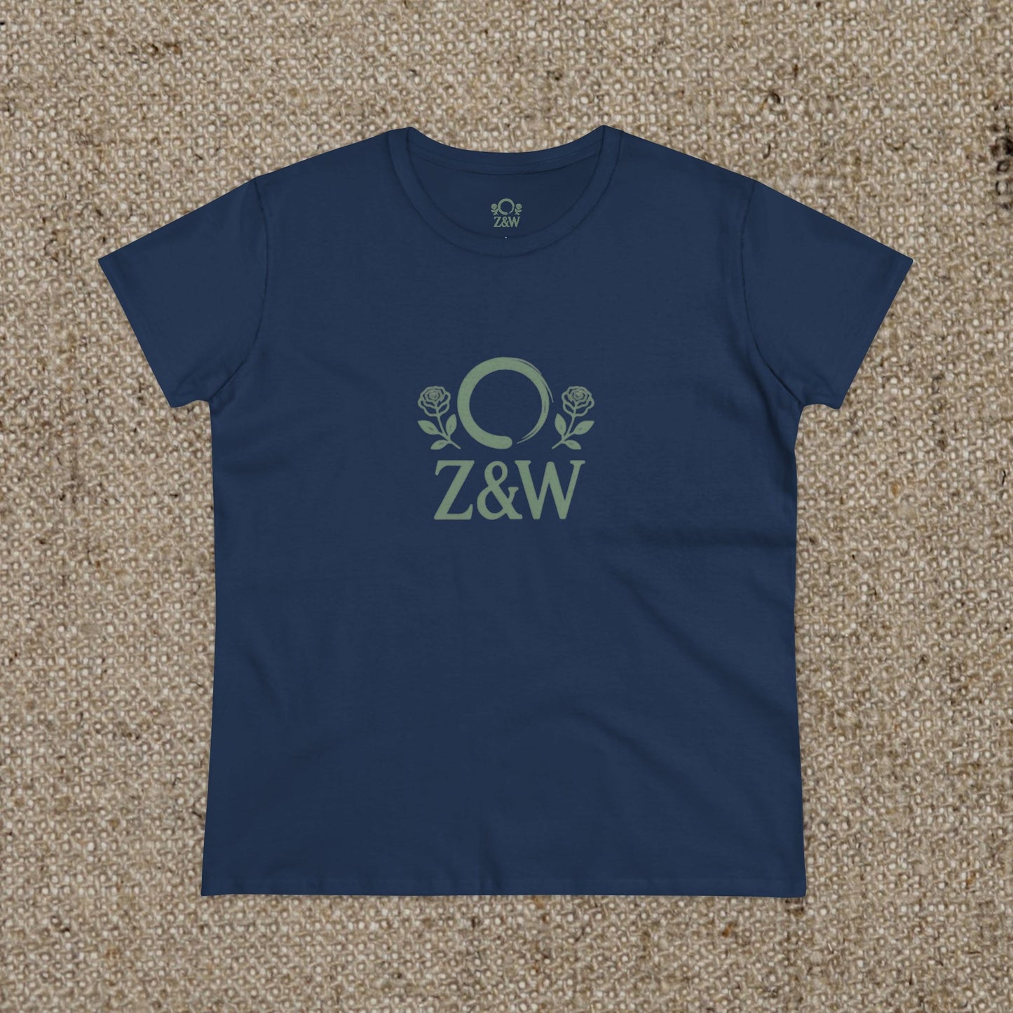 ZenAndWhiskey Classic 100% Cotton Tee in navy blue, designed with a chic Z&W logo and rose motifs, a great choice for daily use.