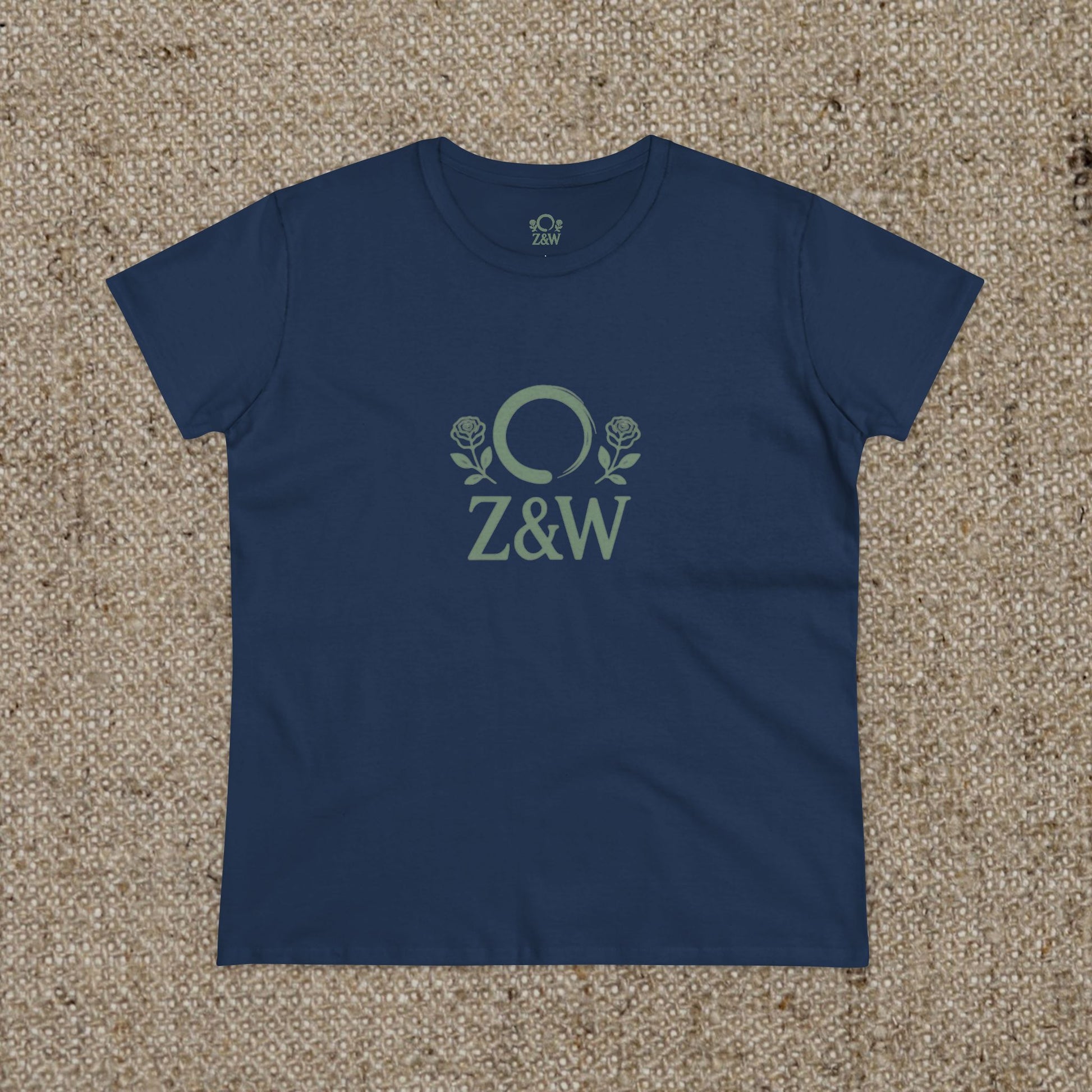 ZenAndWhiskey Classic 100% Cotton Tee in navy blue, designed with a chic Z&W logo and rose motifs, a great choice for daily use.