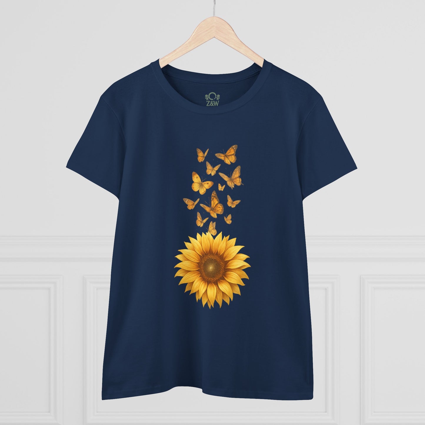 Sunflower & Butterflies Cotton Tee for Women - 100% Soft Cotton, Breathable, Durable Design, featuring a vibrant sunflower and butterflies design on a navy backdrop.