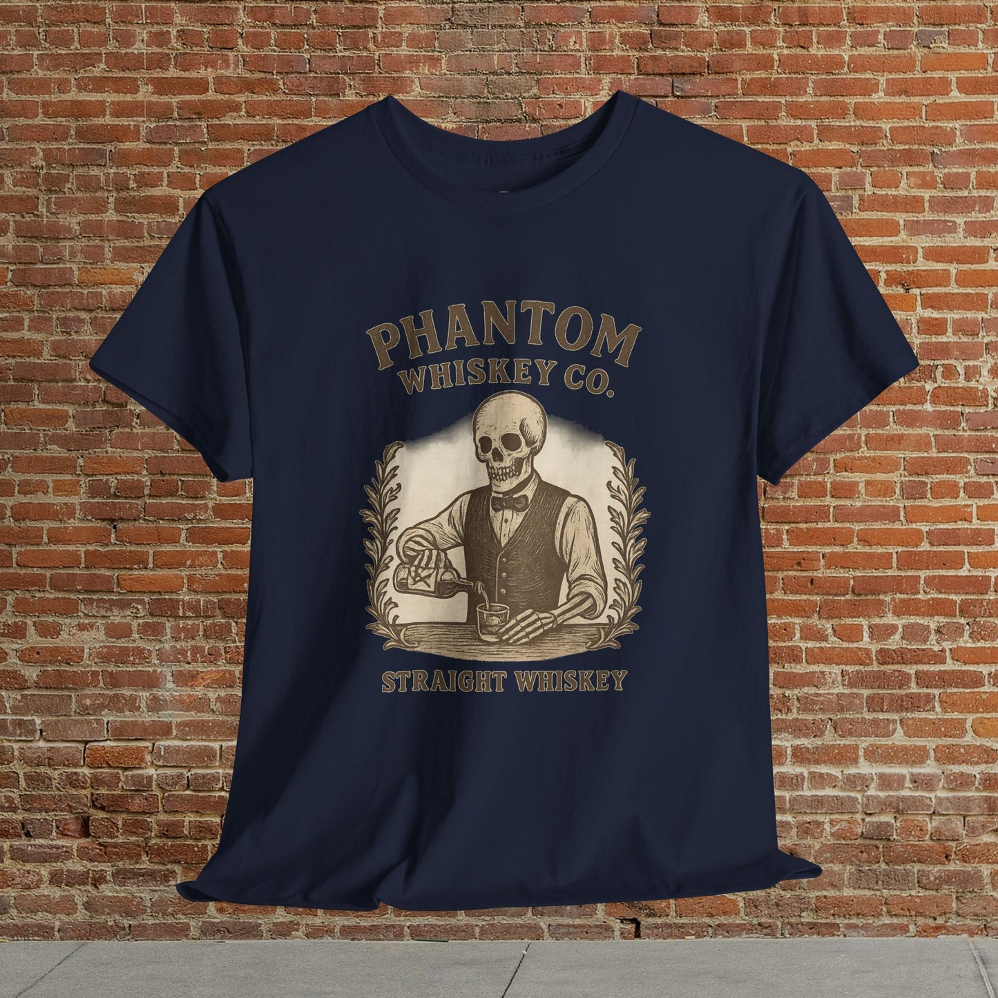 Vintage Skull Whiskey Lover Unisex Tee in navy color adorned with a classic skeleton design featuring 'Phantom Whiskey Co. - Straight Whiskey', great for whiskey lovers and Halloween celebrations.