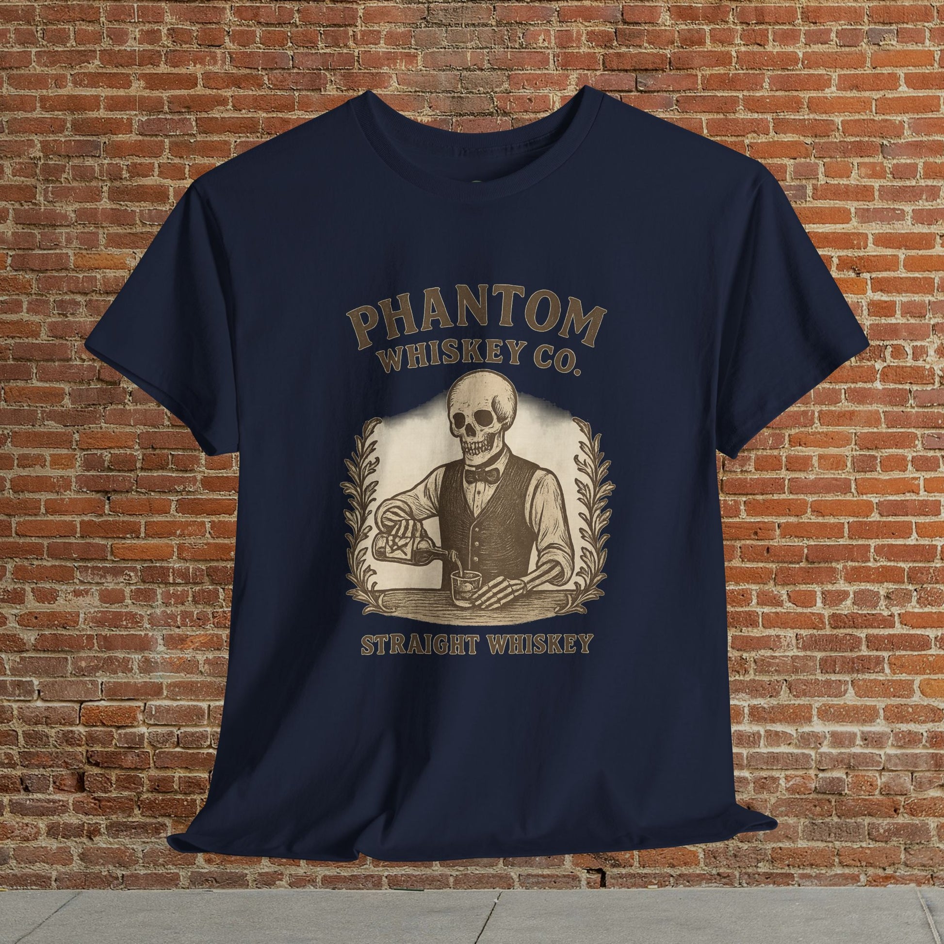 Vintage Skull Whiskey Lover Unisex Tee in navy color adorned with a classic skeleton design featuring 'Phantom Whiskey Co. - Straight Whiskey', great for whiskey lovers and Halloween celebrations.