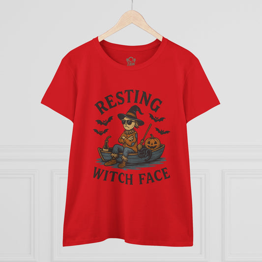 Resting Witch Face Halloween T-Shirt for Women, featuring a graphic of a witch in sunglasses on a boat with Halloween elements, perfect for parties and gifts.