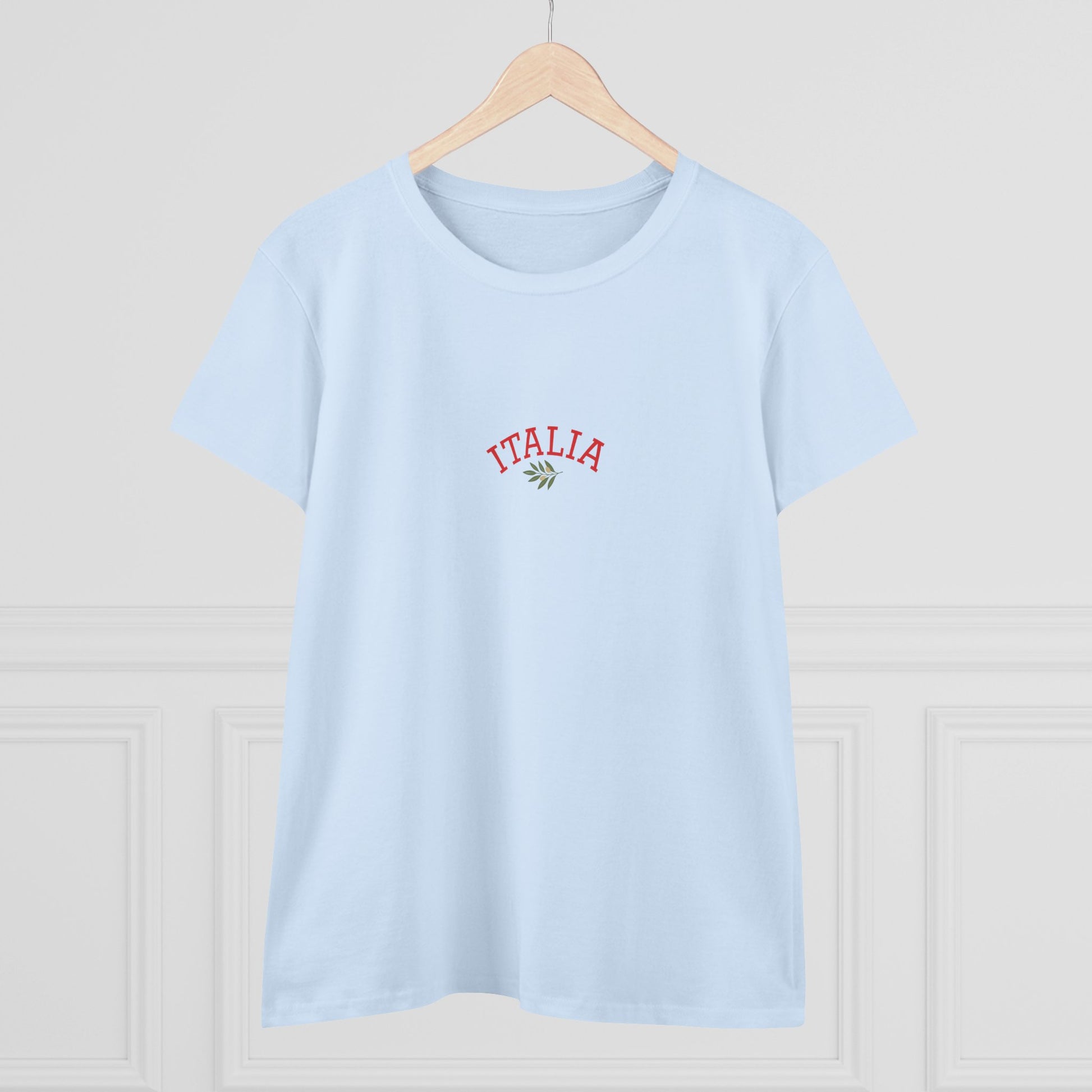 Front view of a light blue Unisex Ultra Cotton Tee with Italian Heritage Design displaying 'ITALIA' in stylish red font, perfect for casual adventures and expressing a love for Italy.