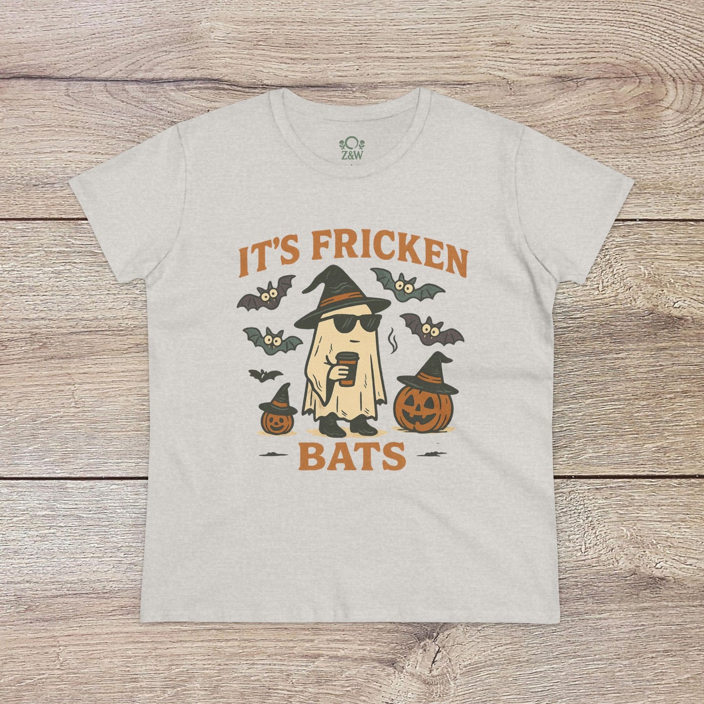 Heather gray Halloween Unisex T-Shirt depicting 'It's Fricken Bats' with a playful ghost design and Halloween elements, crafted from 100% cotton, perfect for trick-or-treating.