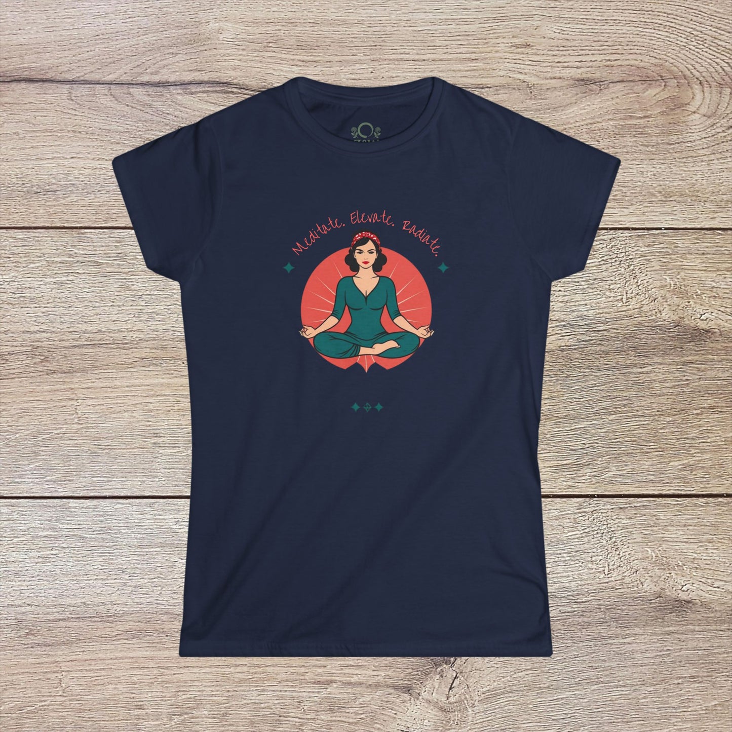 Women's Festival Crop Top from Mindful Vibes Yoga Wear in navy presenting a peaceful meditation illustration, a stylish choice for free spirits and yoga lovers.