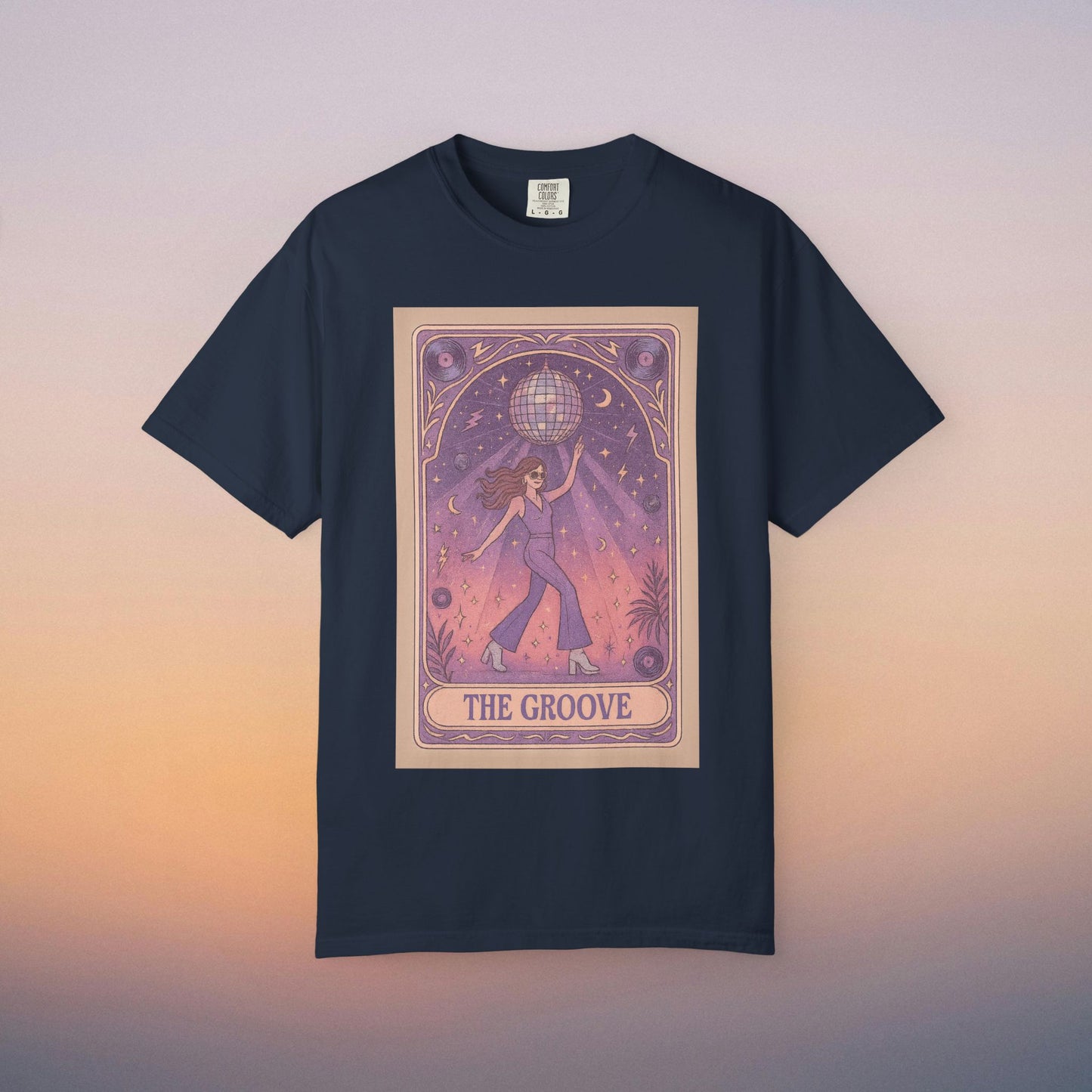 Groove Tarot Graphic Tee in navy blue, highlighting a stylish illustration of a person with a disco ball, made from 100% ring-spun cotton for ultimate comfort in a unisex fit.
