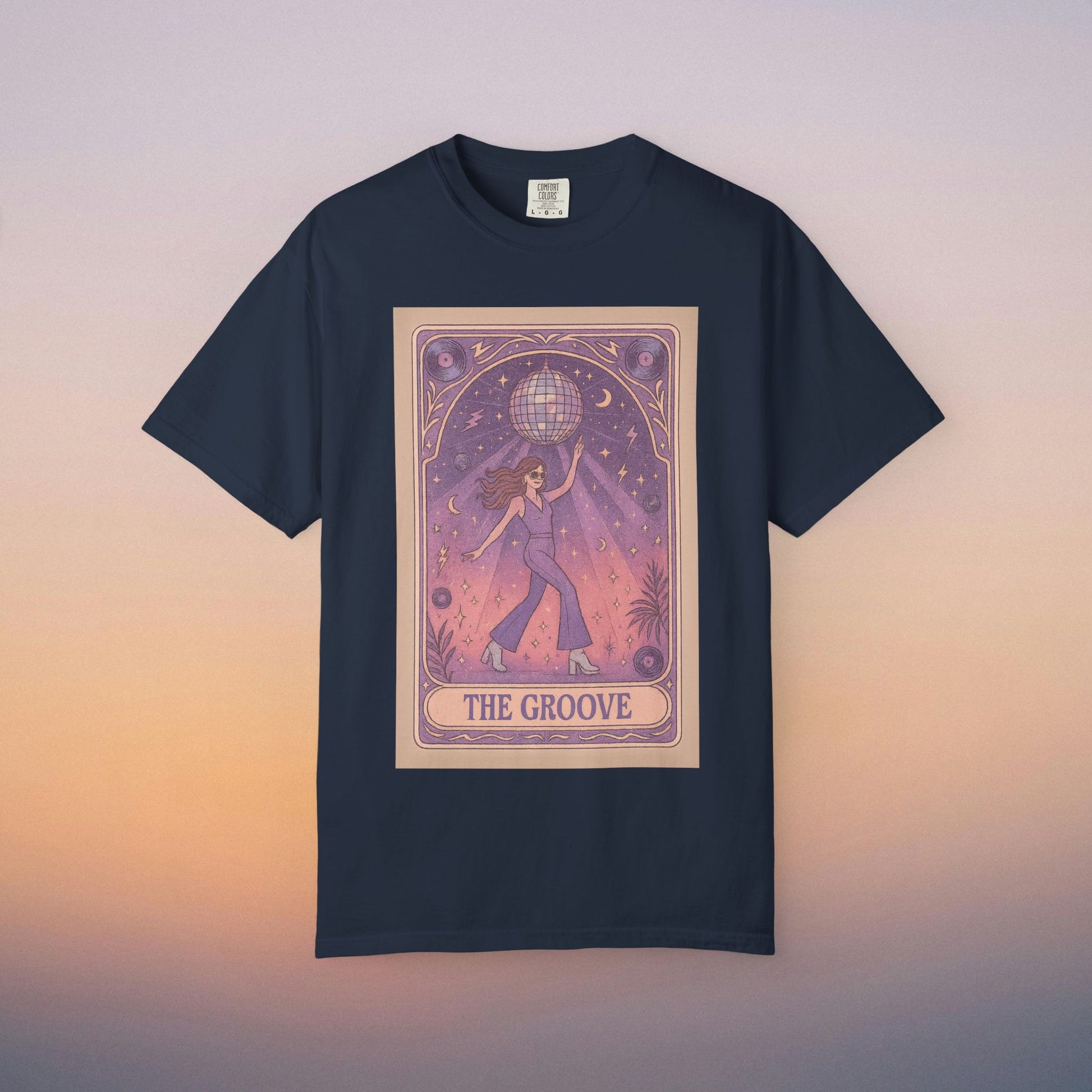 Groove Tarot Graphic Tee in navy blue, highlighting a stylish illustration of a person with a disco ball, made from 100% ring-spun cotton for ultimate comfort in a unisex fit.