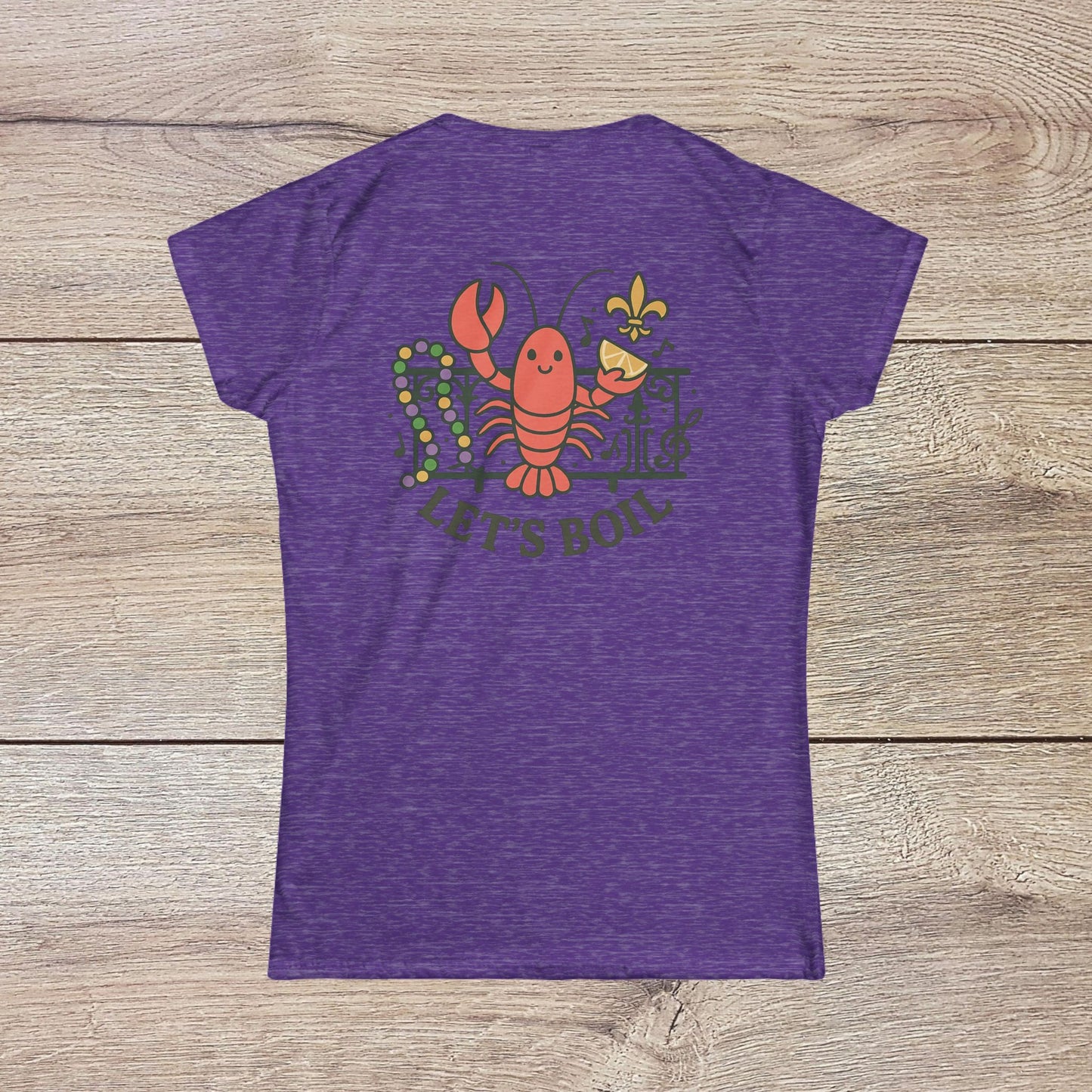 Crawfish Boil Shirt for Women - Vibrant purple tee featuring a fun lobster graphic with the text 'Let's Boil', ideal for seafood lovers at summer events.