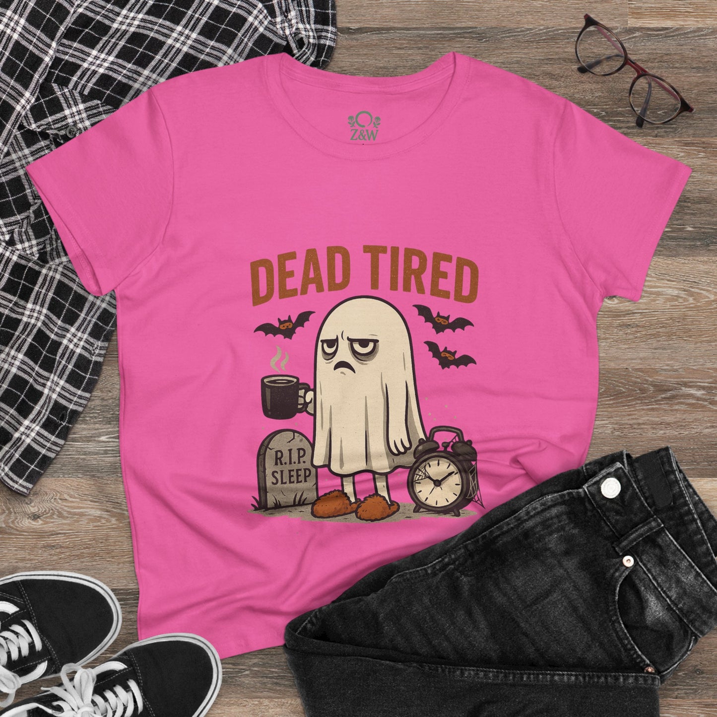 Close-up front view of the cute whimsical ghost t-shirt for Halloween, featuring the 'Dead Tired' design, perfect for those who love fun and comfy apparel.