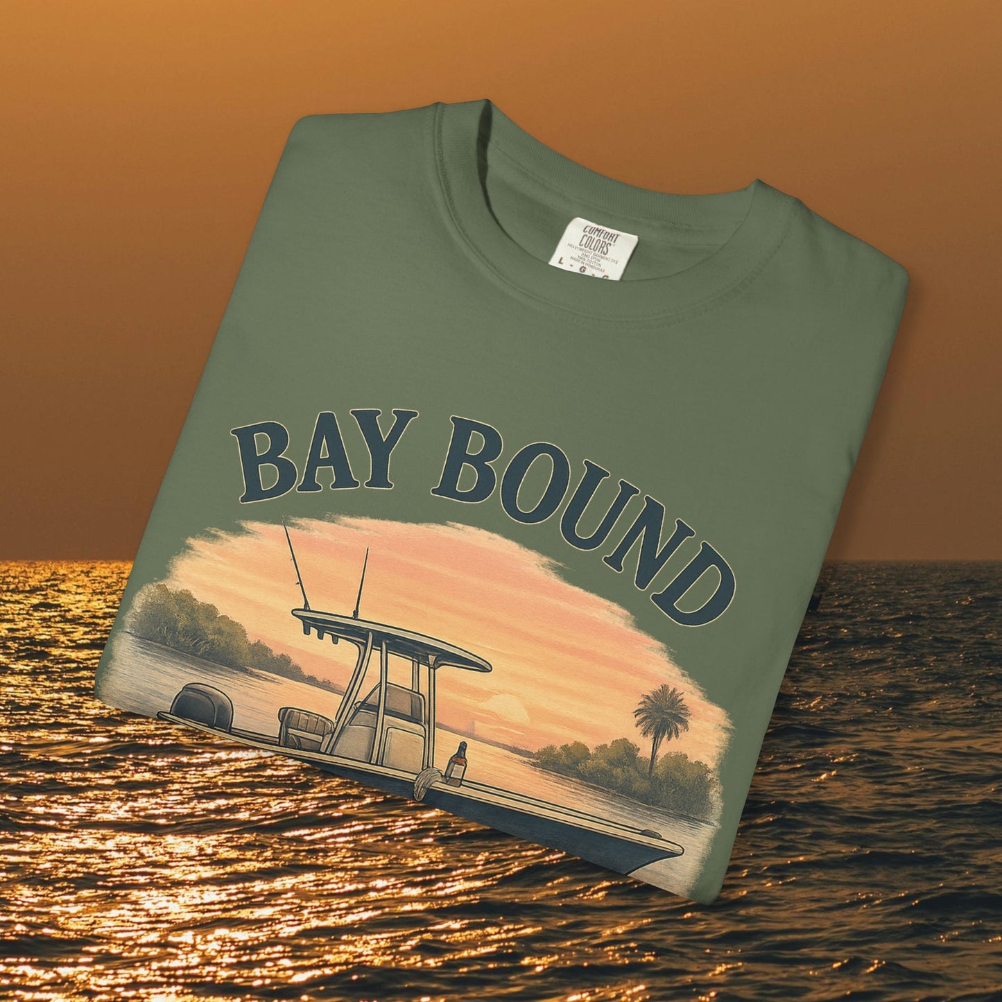 Bay Bound T-Shirt for Summer displayed on water background, perfect for fishing and beach lovers, available in sizes S-4XL.